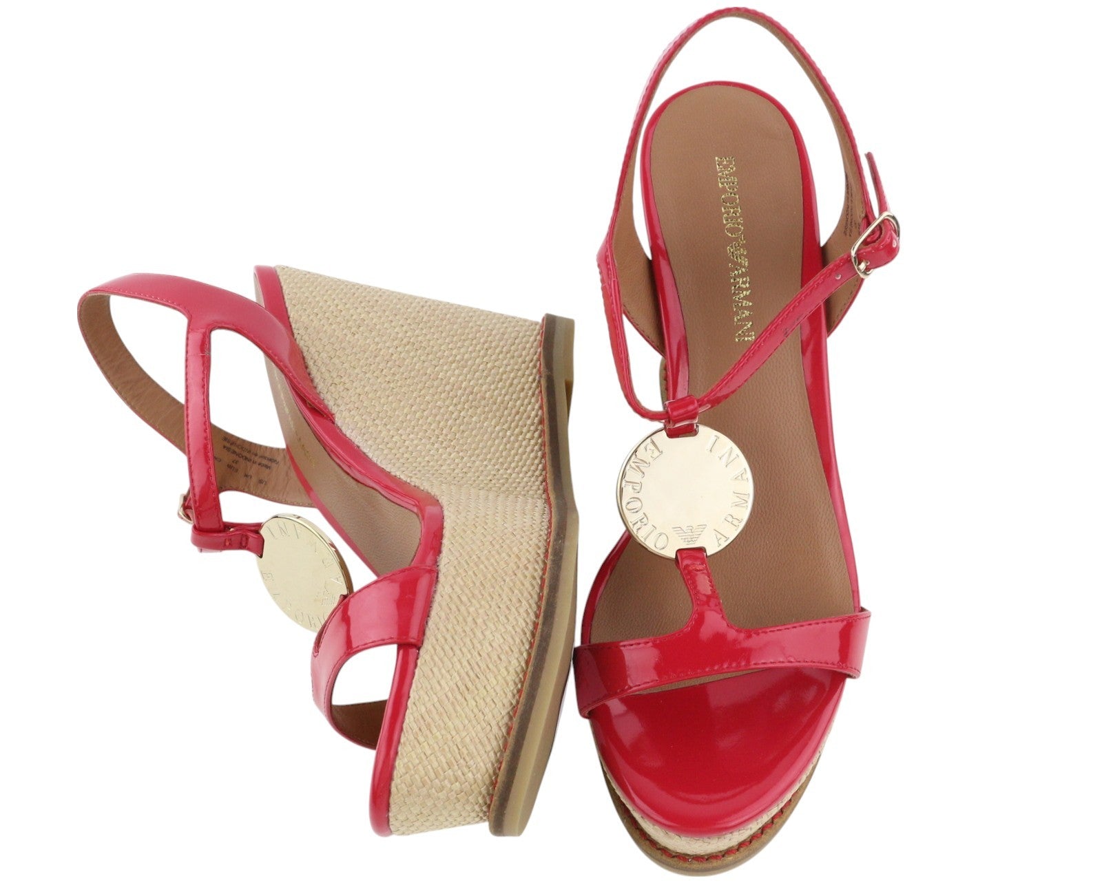 EMPORIO ARMANI X3U067 Women Sandals EU37 Red Patent Wedge Casual