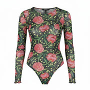 DESIGUAL Sally Women Bodysuit L Long Sleeve Flower Print Slim Fit Mesh
