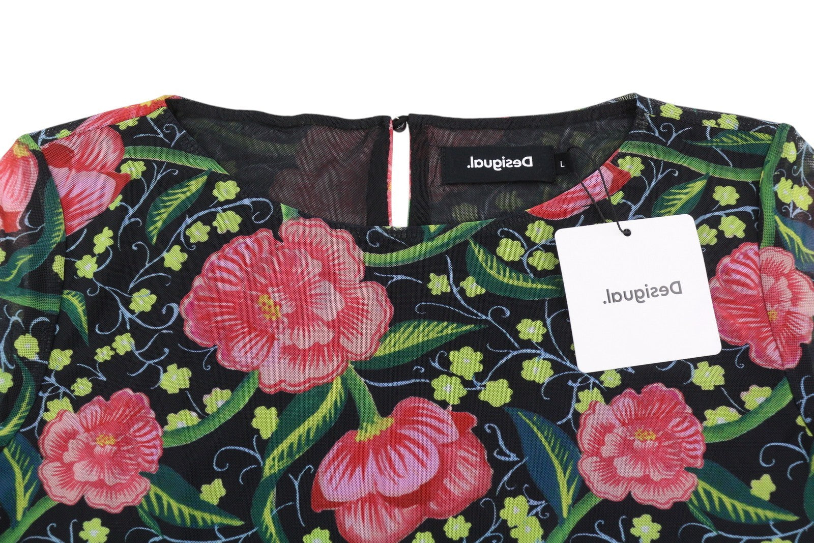 DESIGUAL Sally Women Bodysuit L Long Sleeve Flower Print Slim Fit Mesh