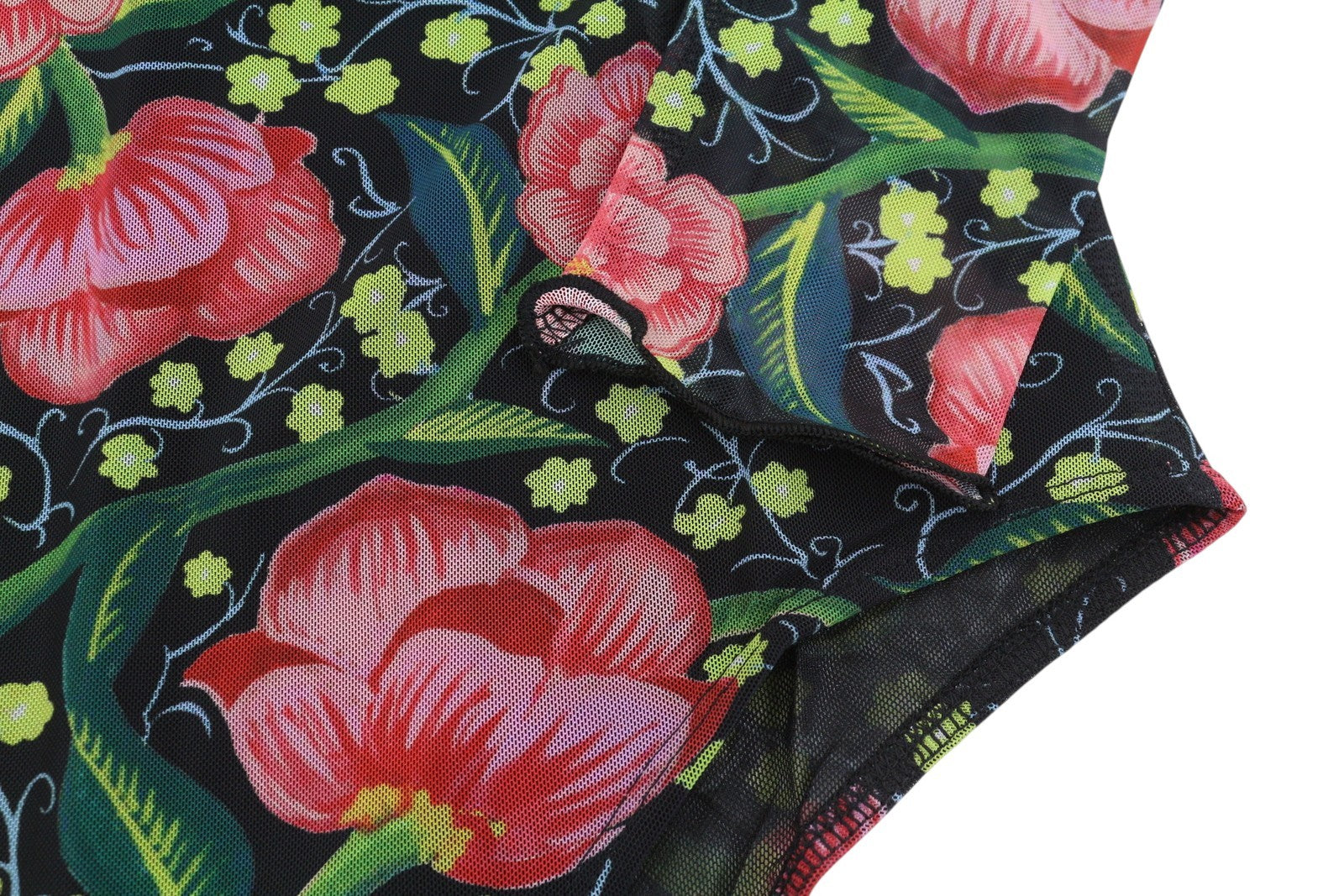 DESIGUAL Sally Women Bodysuit L Long Sleeve Flower Print Slim Fit Mesh