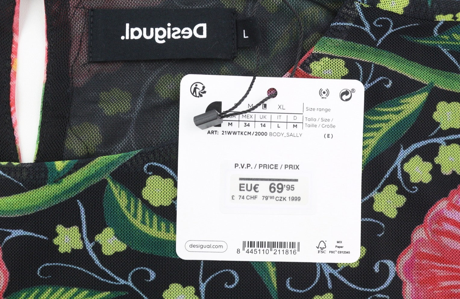 DESIGUAL Sally Women Bodysuit L Long Sleeve Flower Print Slim Fit Mesh