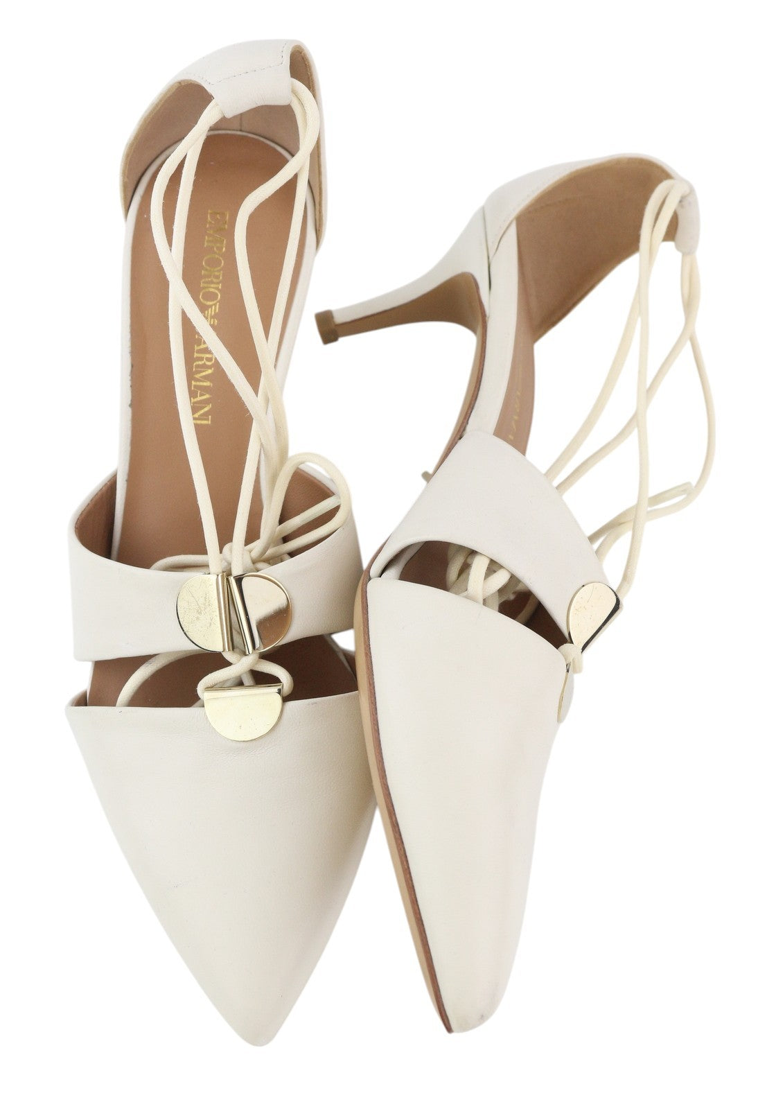 EMPORIO ARMANI Women Heels EU37 White Leather Laced Strap Pumps