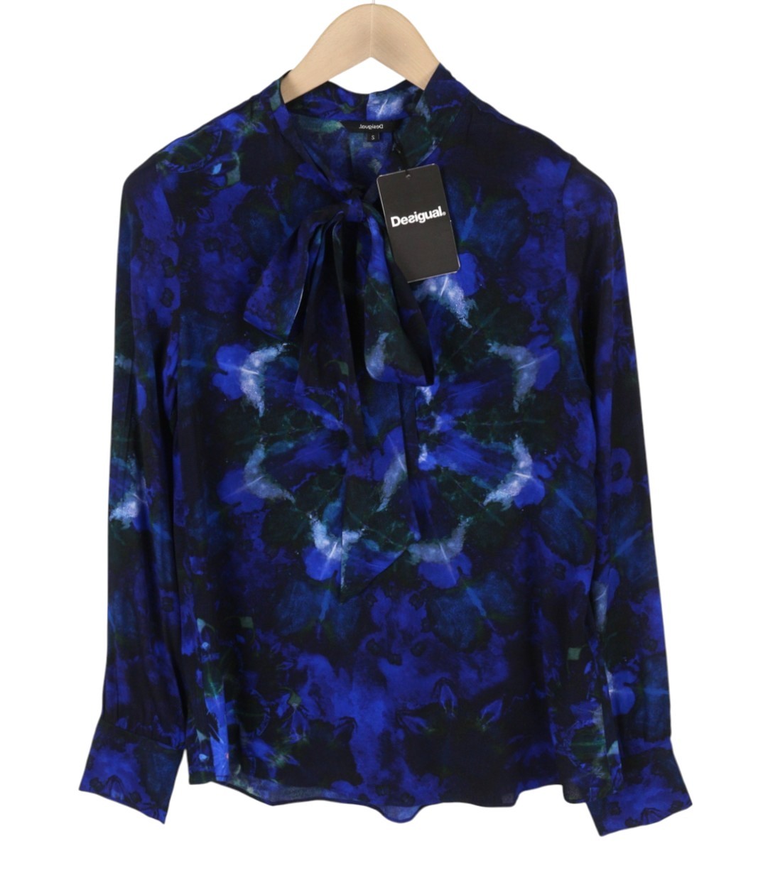 DESIGUAL Kency Women Blouse S Blue Tie-Dye Pattern Bow Tie Collar Long Sleeve