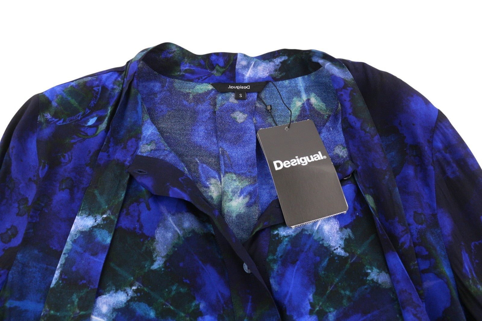 DESIGUAL Kency Women Blouse S Blue Tie-Dye Pattern Bow Tie Collar Long Sleeve