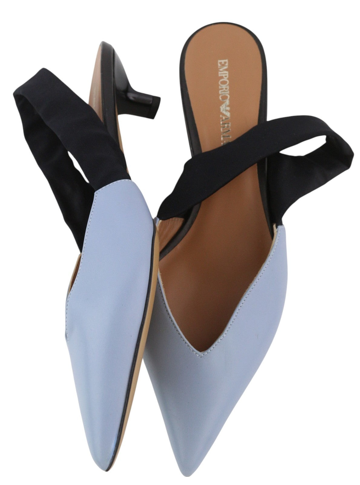 EMPORIO ARMANI Women Heels EU37 Blue Leather Pointed Slip On Logo