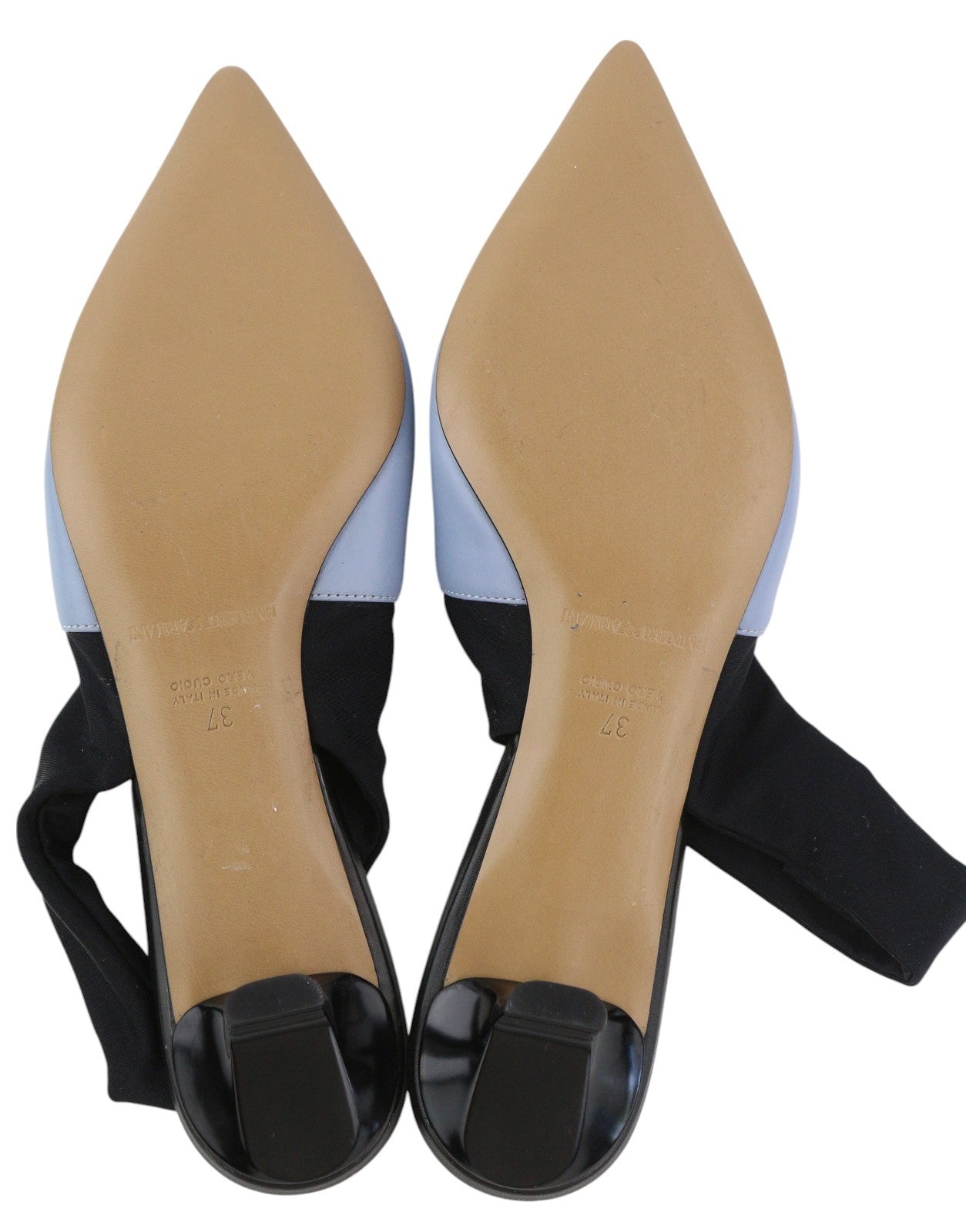 EMPORIO ARMANI Women Heels EU37 Blue Leather Pointed Slip On Logo