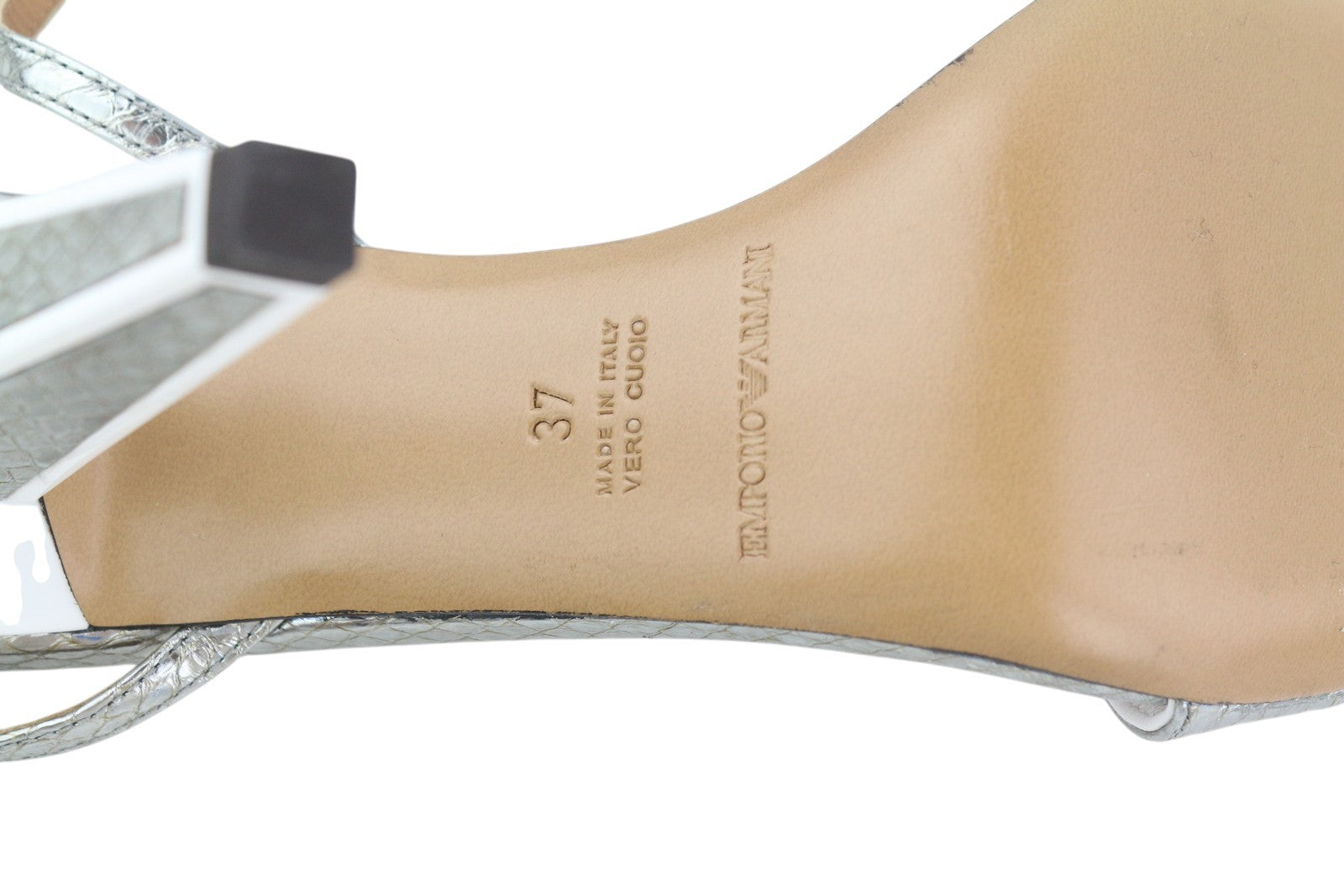 EMPORIO ARMANI Women Heels EU37 Silver Leather Buckle Open Toe Pumps