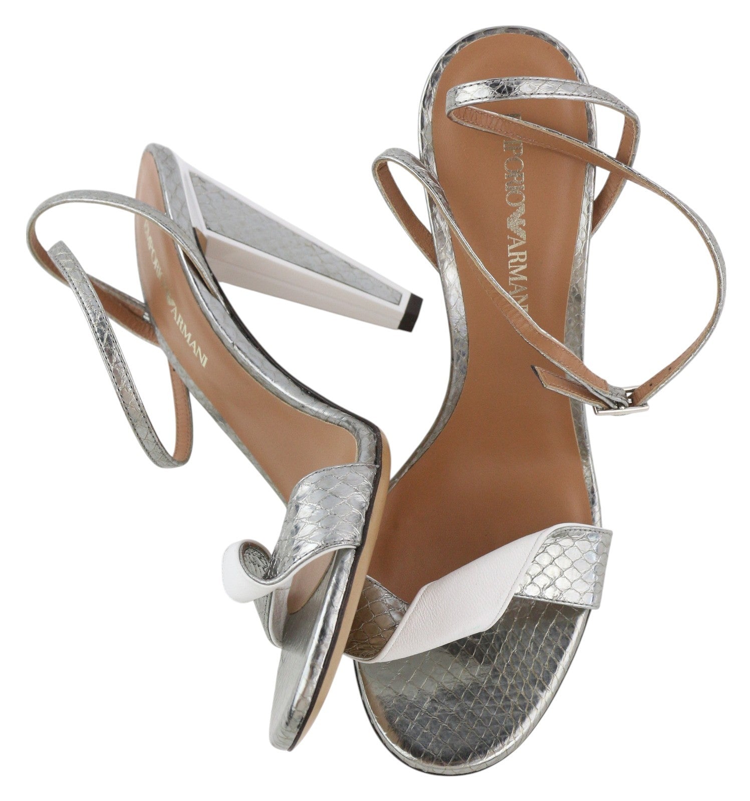EMPORIO ARMANI Women Heels EU37 Silver Leather Buckle Open Toe Pumps