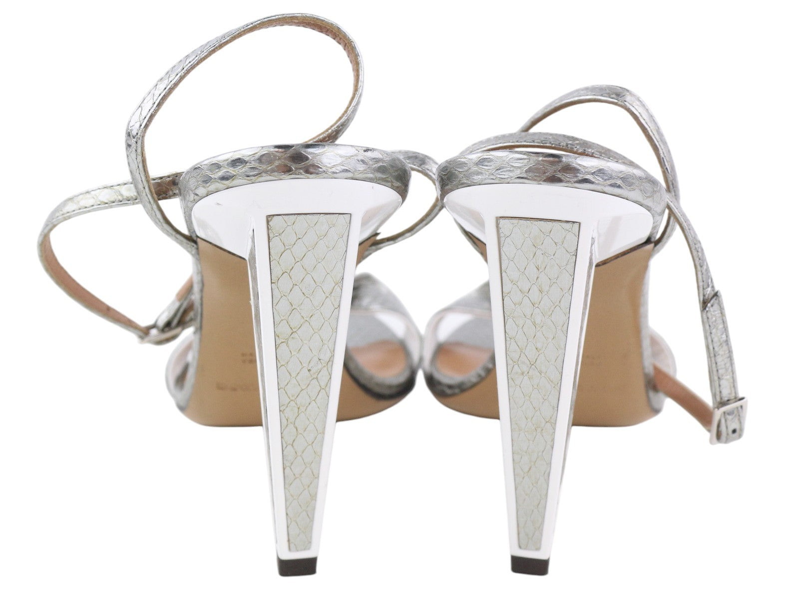 EMPORIO ARMANI Women Heels EU37 Silver Leather Buckle Open Toe Pumps