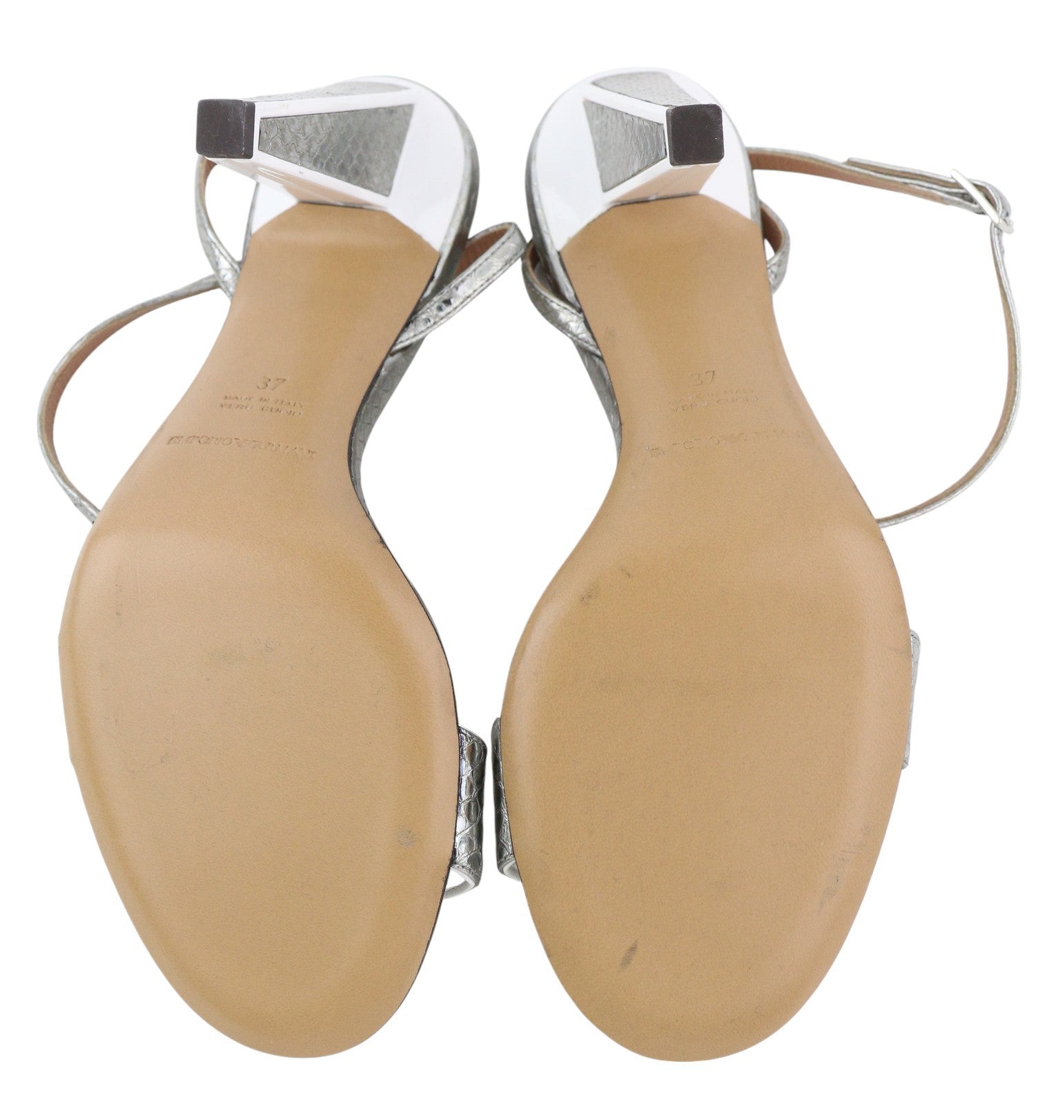 EMPORIO ARMANI Women Heels EU37 Silver Leather Buckle Open Toe Pumps