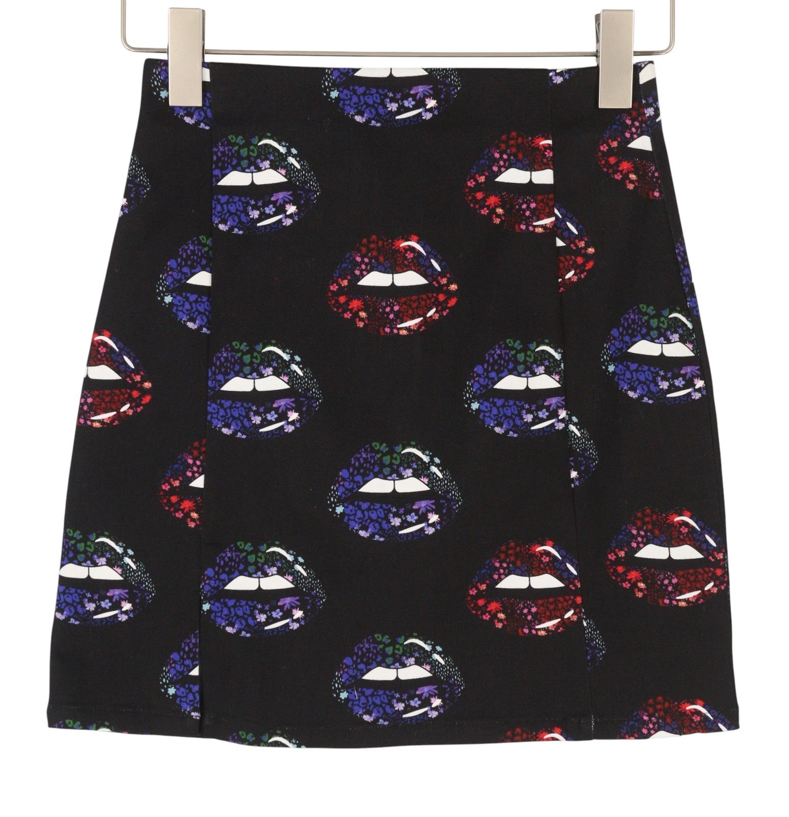 DESIGUAL Women Skirt XS Black Fitted Lips Print Zip Fly Mini