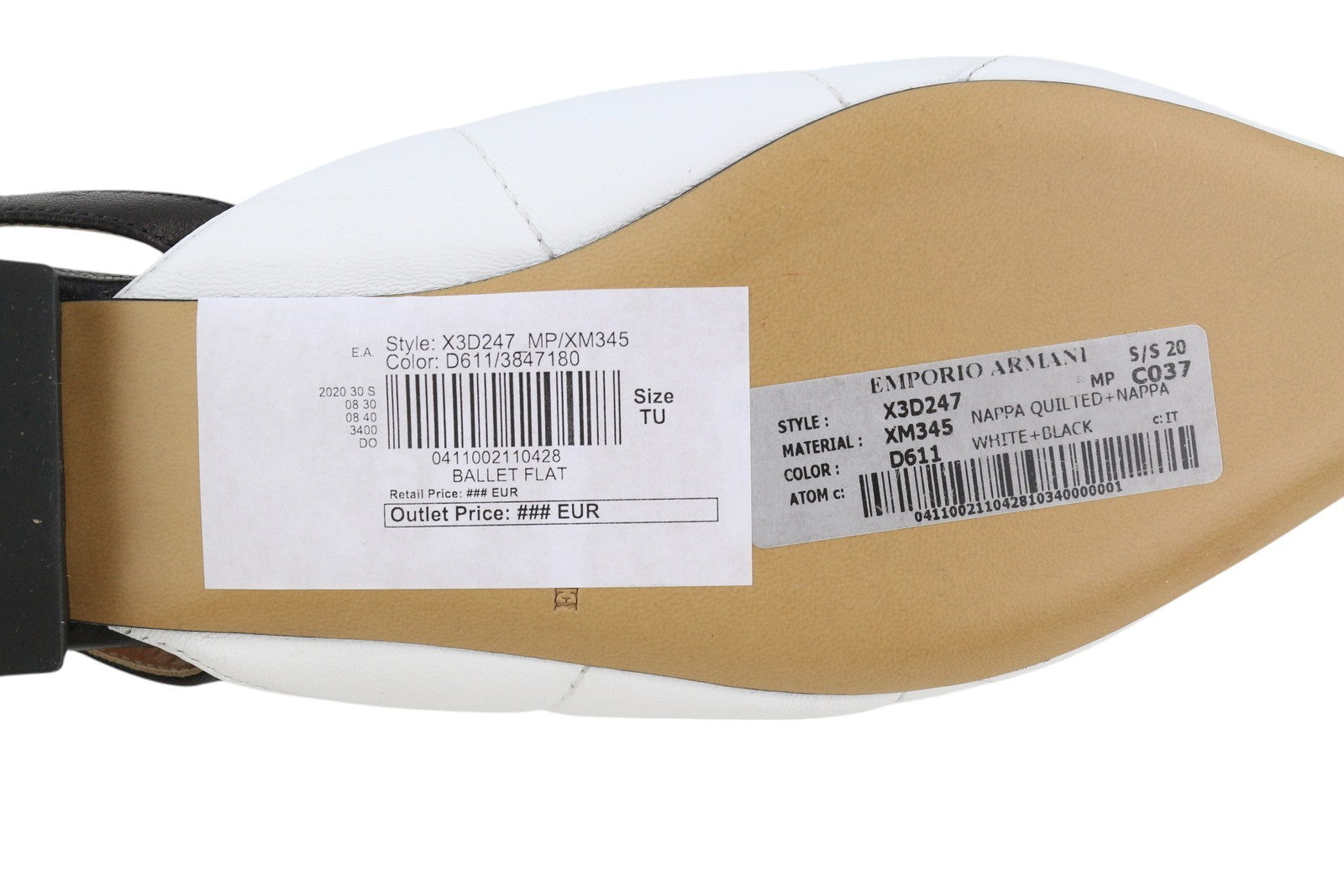 EMPORIO ARMANI X3D247 Women Flats EU37 White Leather Logo Ballerina