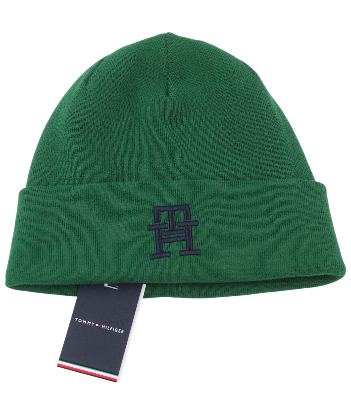 TOMMY HILFIGER New Prep Beanie Men Hat OS Green Knit Cotton