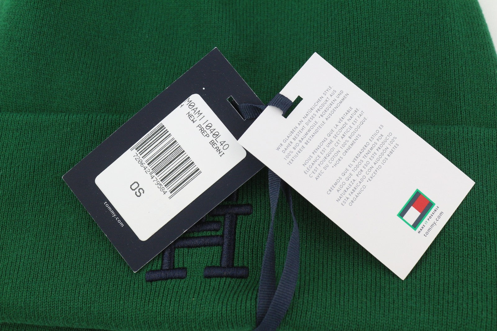 TOMMY HILFIGER New Prep Beanie Men Hat OS Green Knit Cotton
