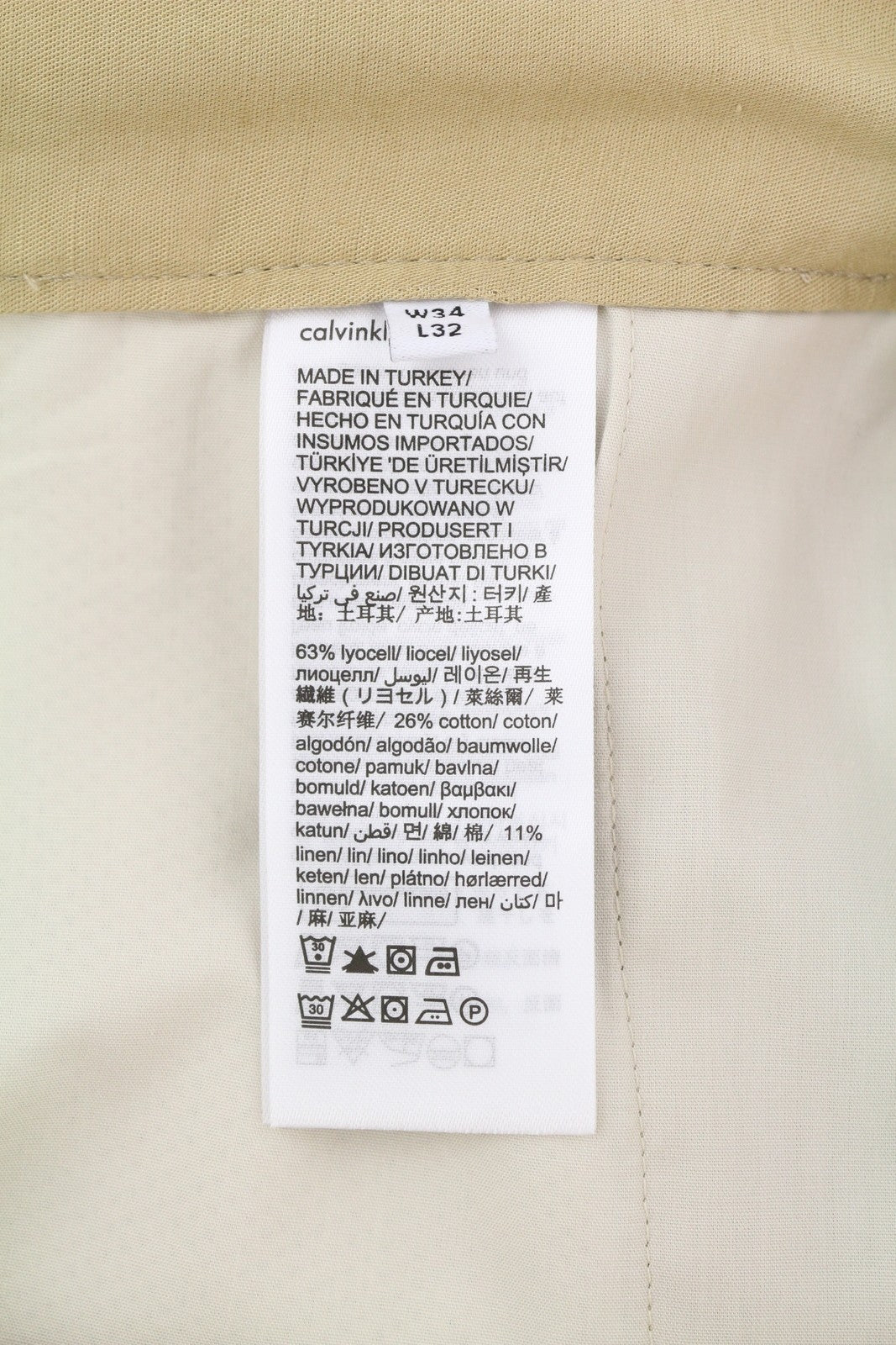 CALVIN KLEIN Piece Dyed Tencel Tapered Men Trousers W34/L32 Brown Linen