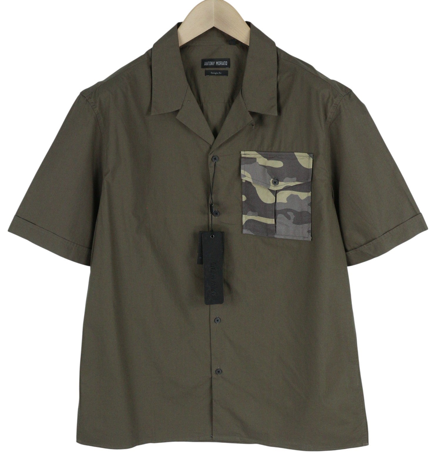 ANTONY MORATO Straight Fit Men Shirt S Army Green Notch Button Short Sleeve