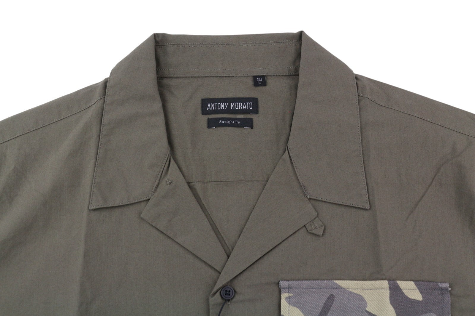 ANTONY MORATO Straight Fit Men Shirt L Army Green Notch Button Short Sleeve
