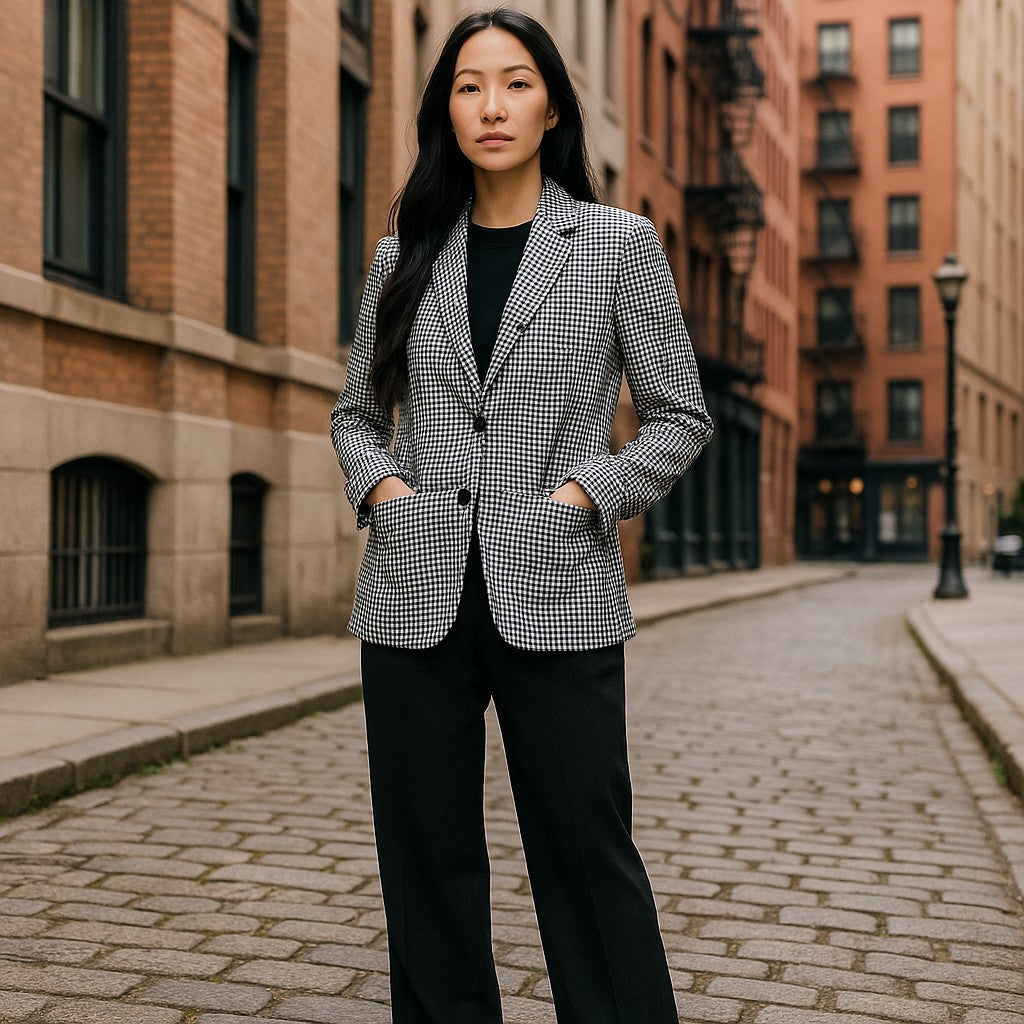 GANT Gingham Stretch Regular Women Blazer EU38 Blue Plaid Single Breasted Notch
