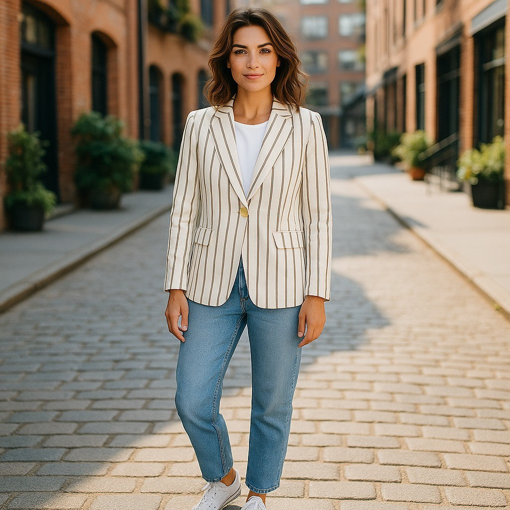 GANT Stripe Linen Straight Women Blazer EU36 Off-White Linen Blend Notch