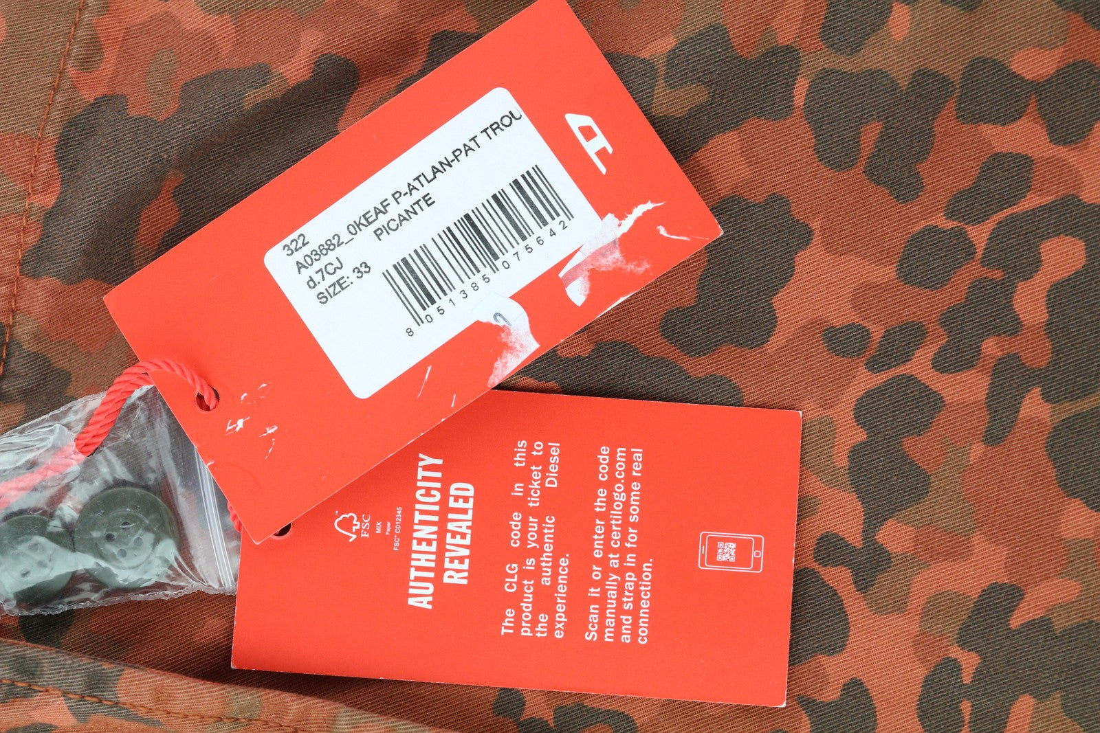 DIESEL P-Atlan-Pat Men Trousers W33 Orange Camo Cargo Multi Pocket RRP295