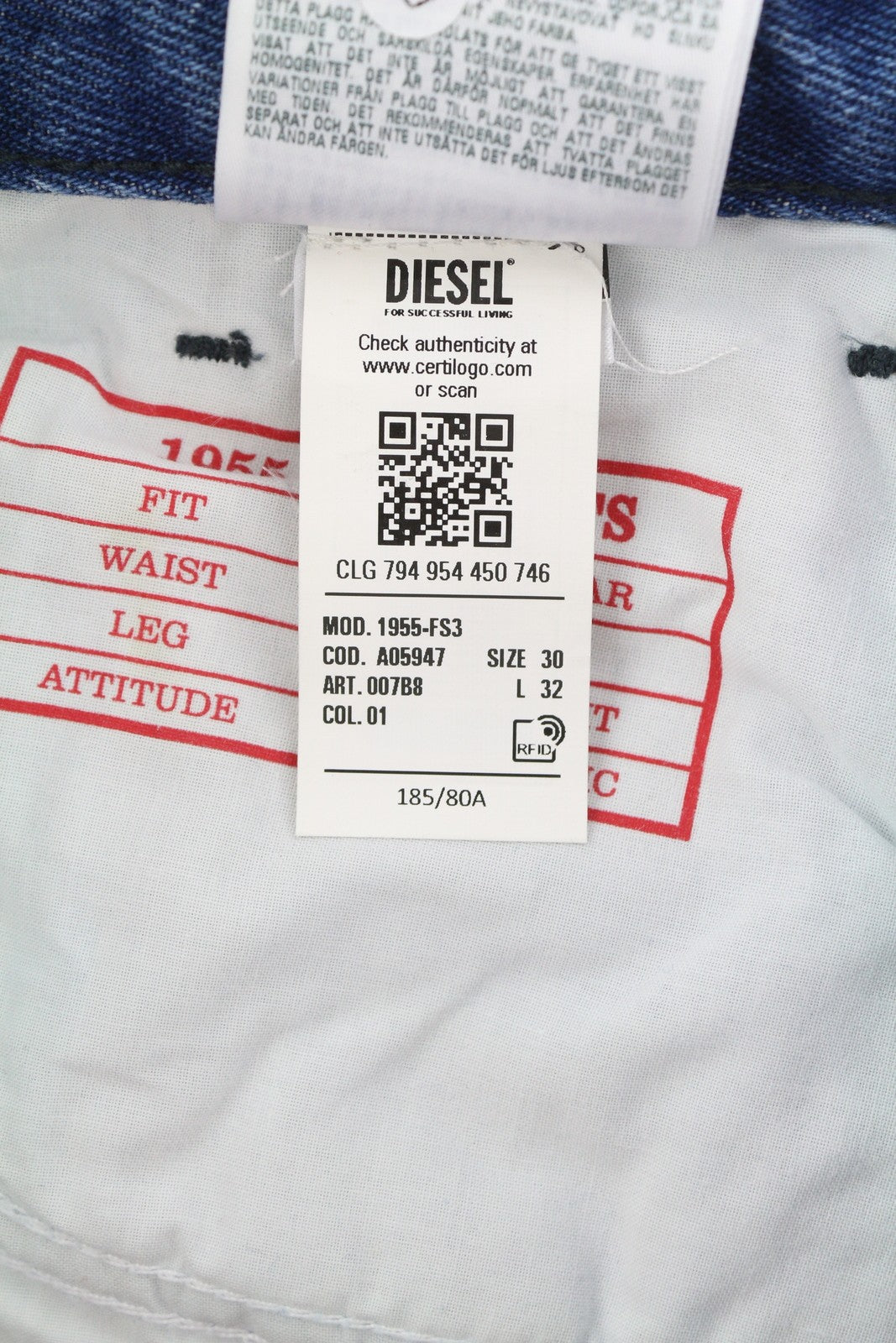 DIESEL 1955-FS3 007B8 Men Jeans W30/L32 Washed Blue Pattern Straight