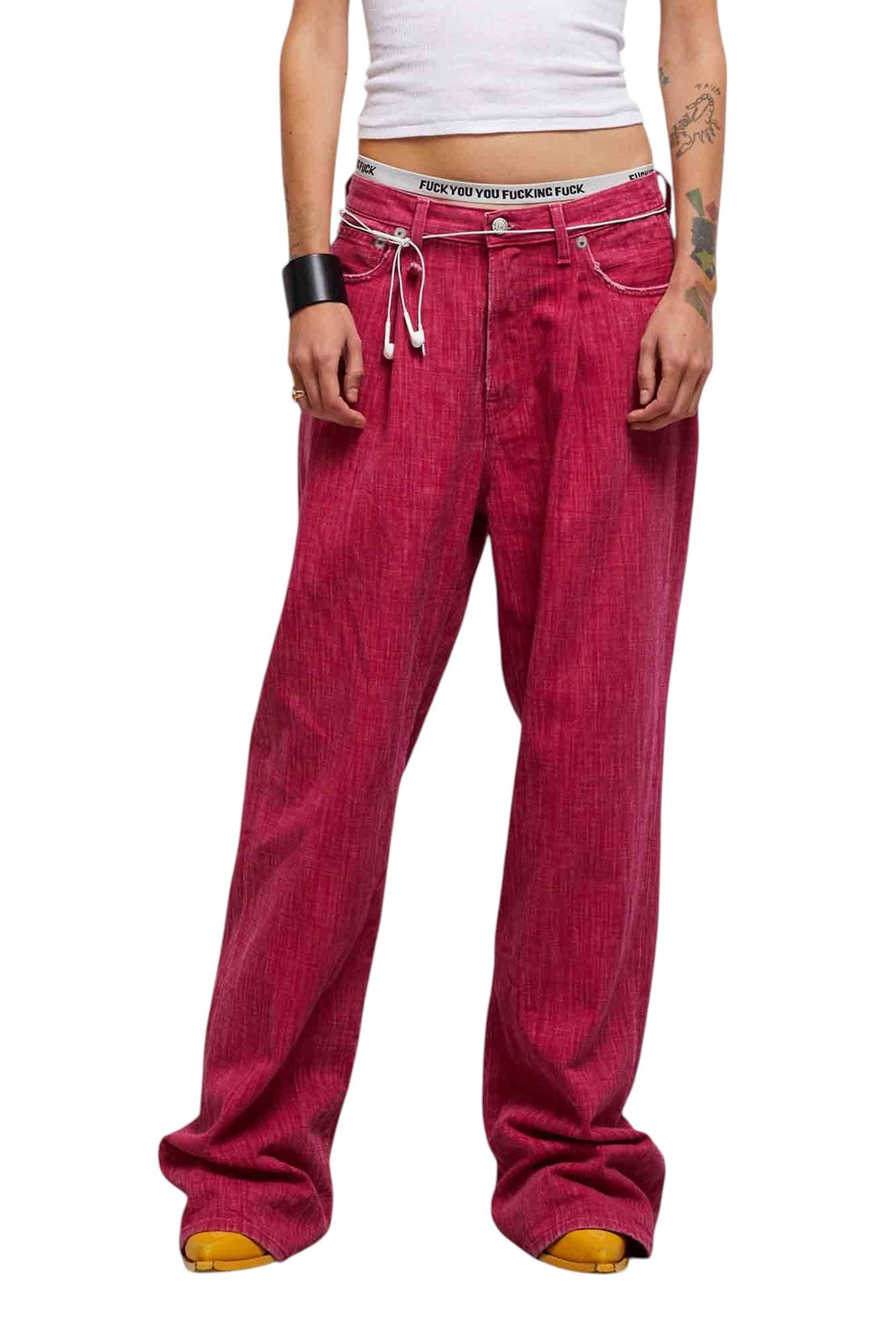 R13 Damon Pleated Women Jeans 27 Vivid Pink Flared Zip Logo RRP595