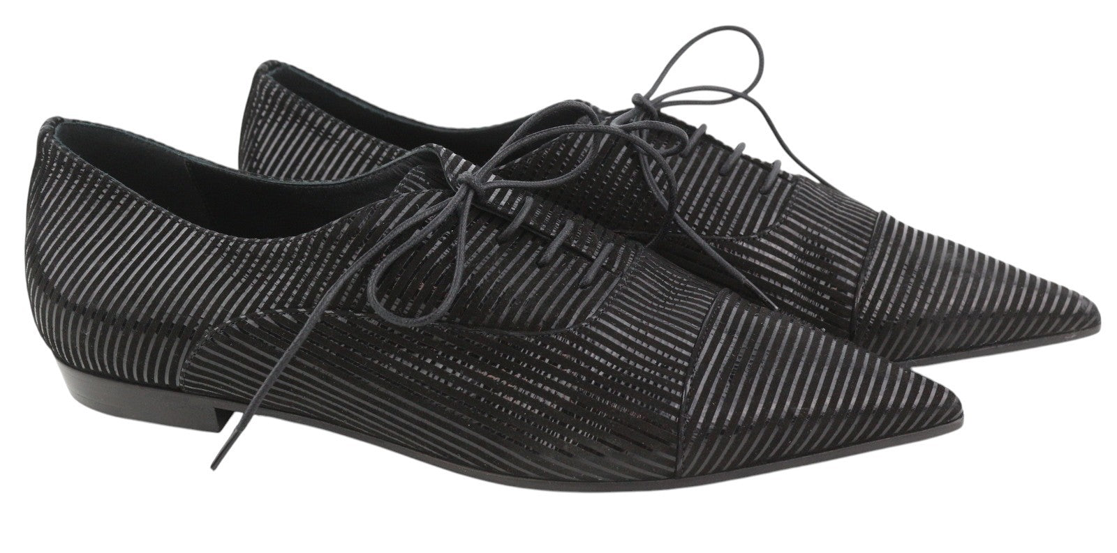 EMPORIO ARMANI Women Shoes EU37 Black Shiny Stripe Pointed Lace Up