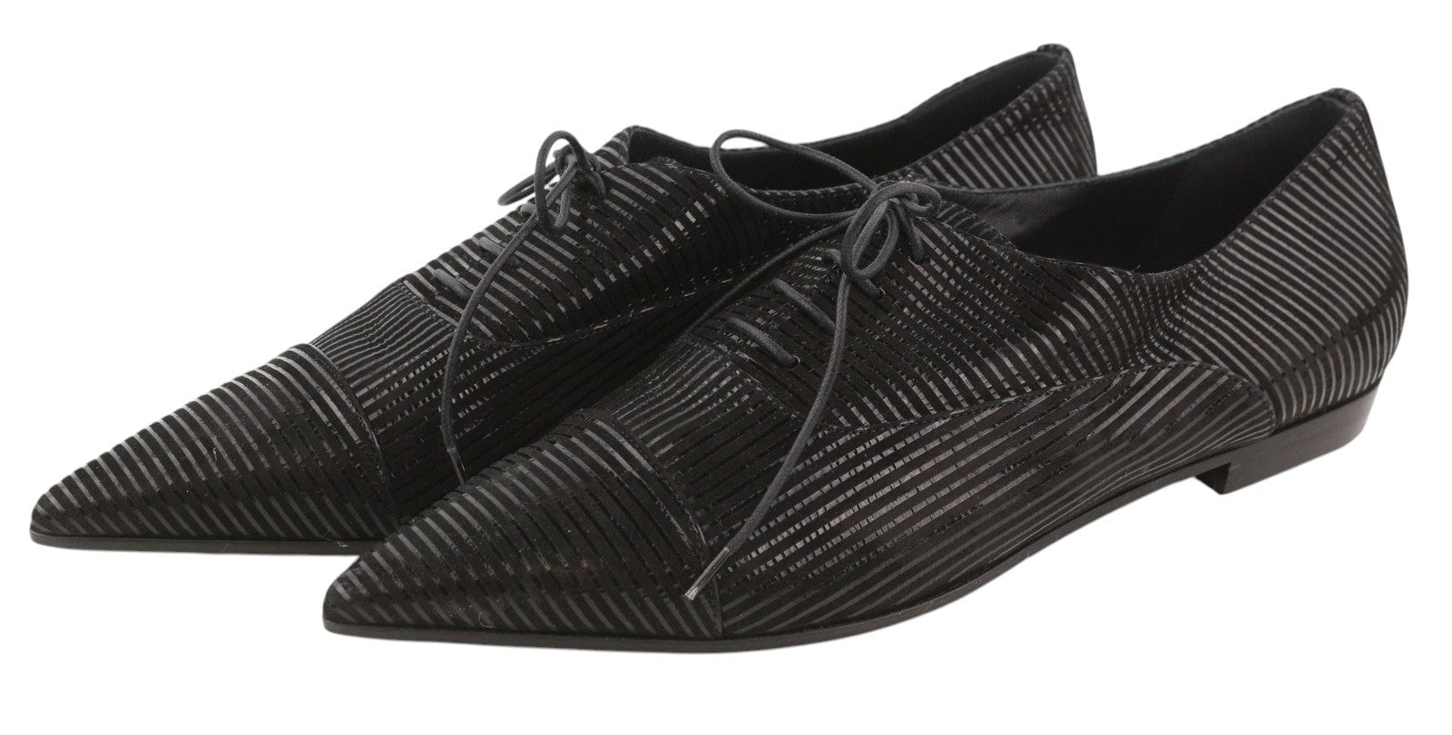 EMPORIO ARMANI Women Shoes EU37 Black Shiny Stripe Pointed Lace Up