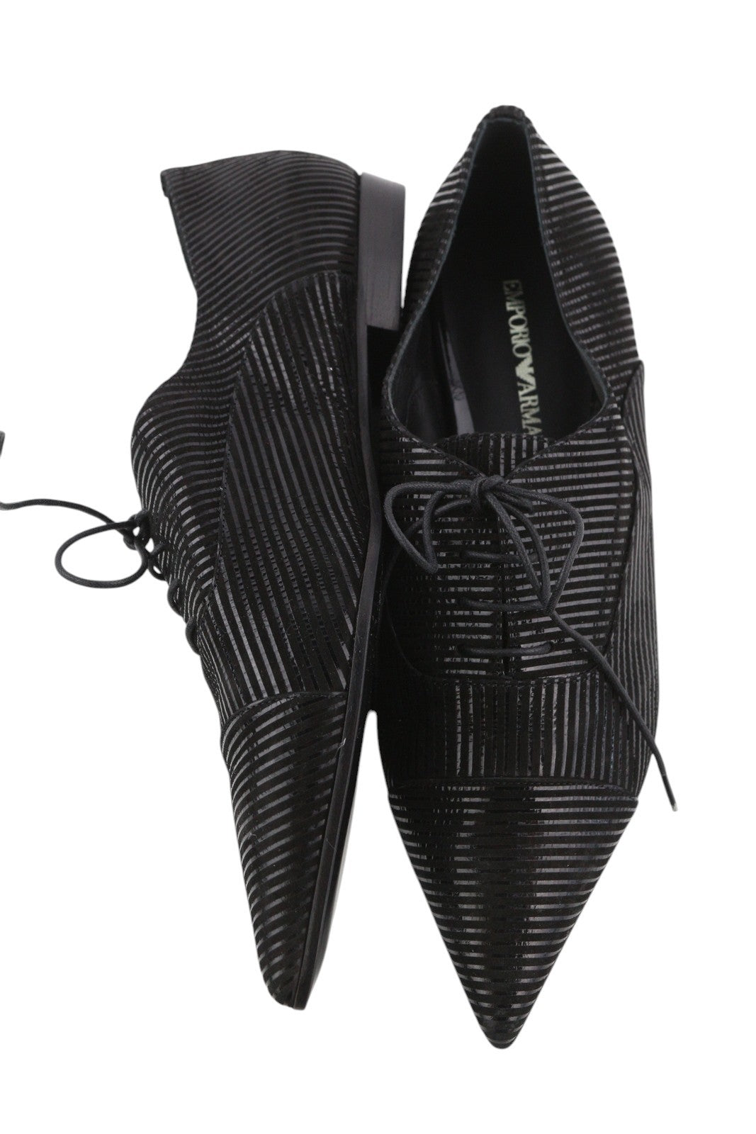 EMPORIO ARMANI Women Shoes EU37 Black Shiny Stripe Pointed Lace Up
