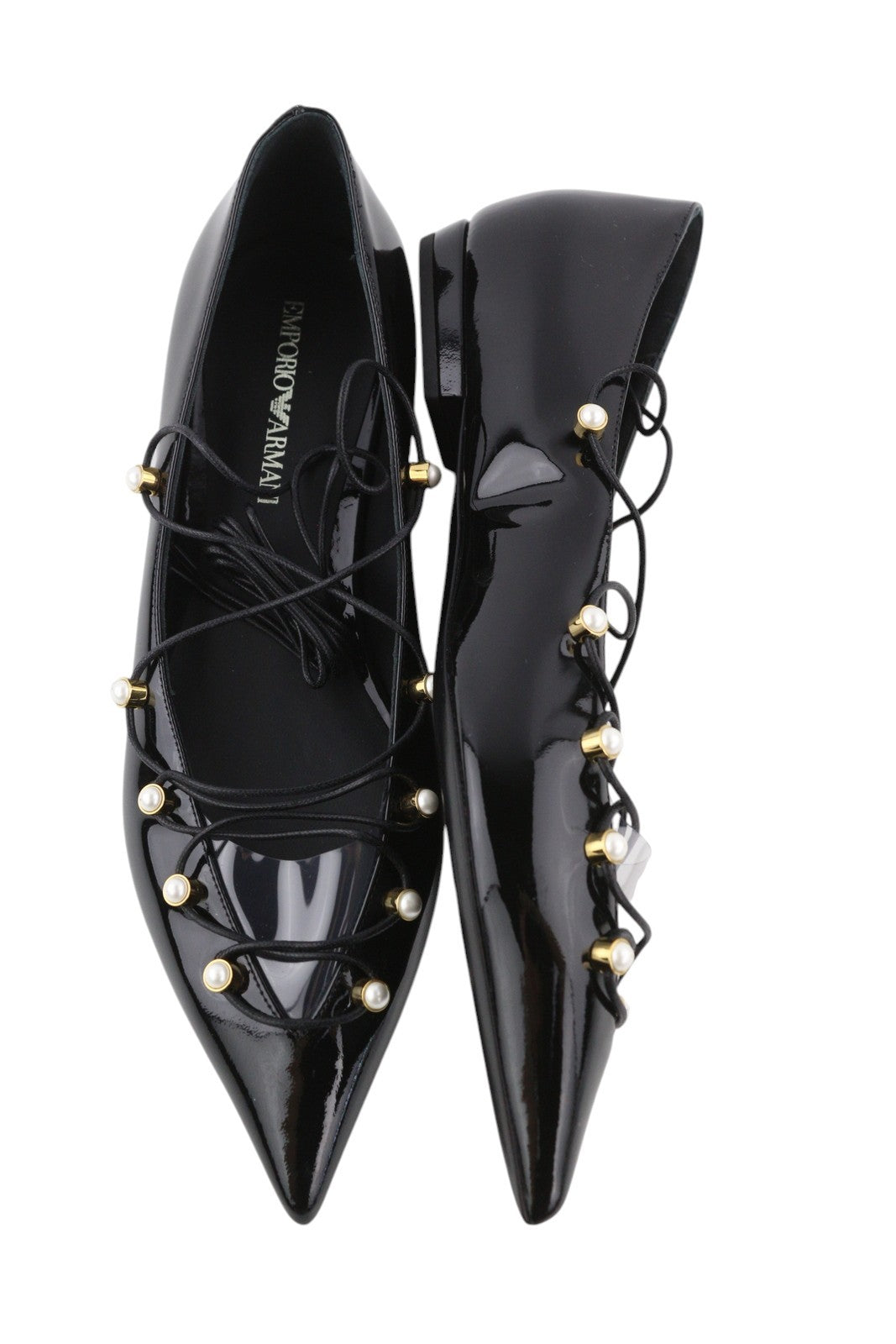 EMPORIO ARMANI Women Flats EU37 Black Patent Beaded Strappy Pointed