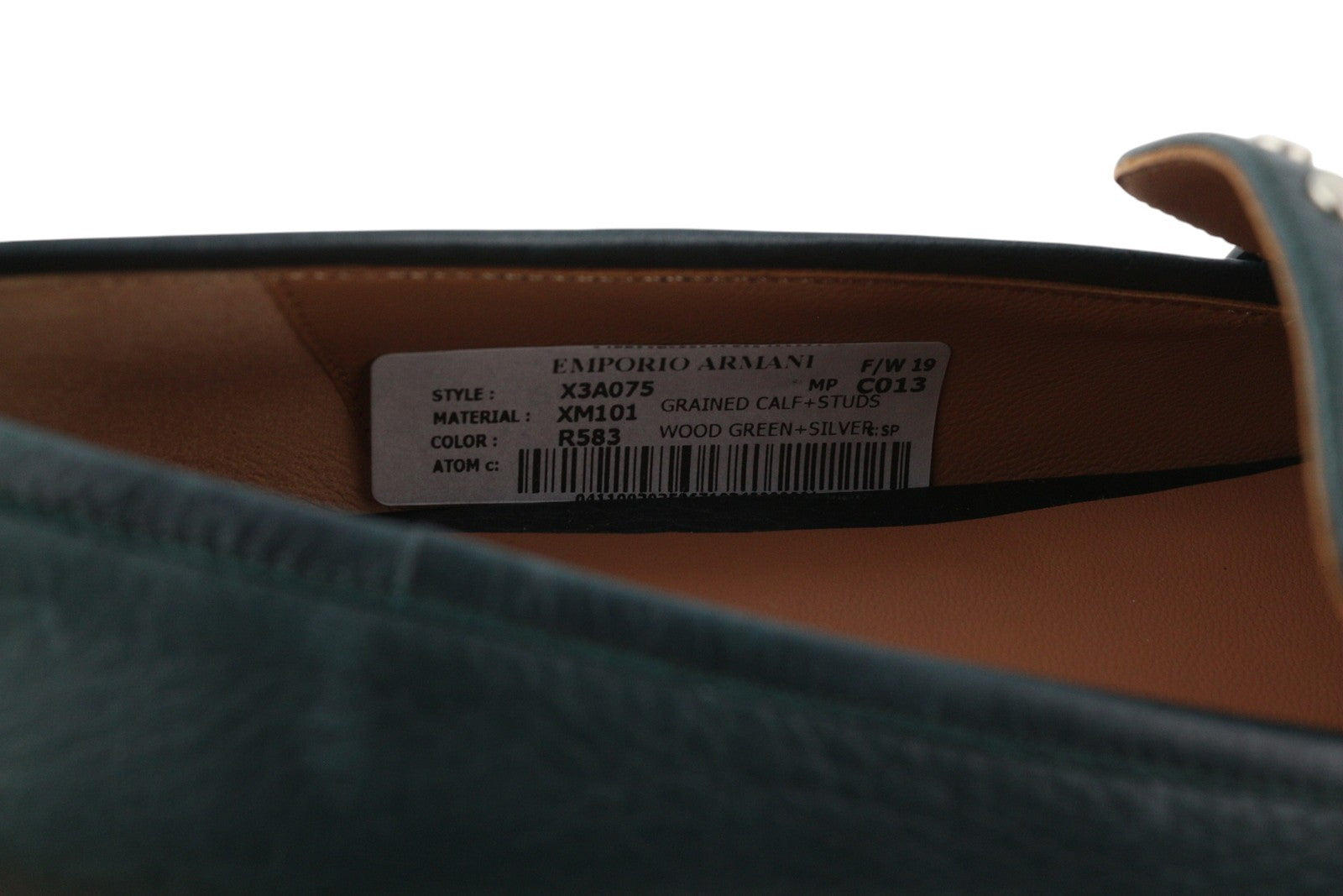 EMPORIO ARMANI X3A075 Women Flats EU37 Green Leather Silver Loafers