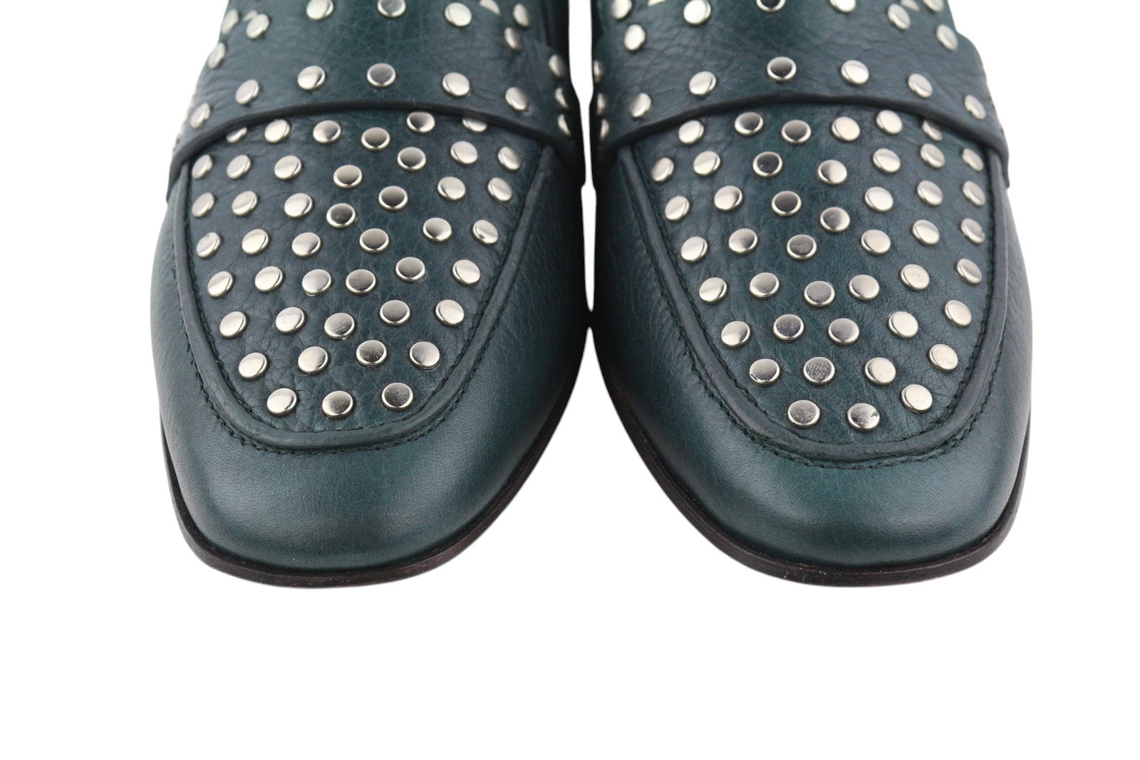 EMPORIO ARMANI X3A075 Women Flats EU37 Green Leather Silver Loafers