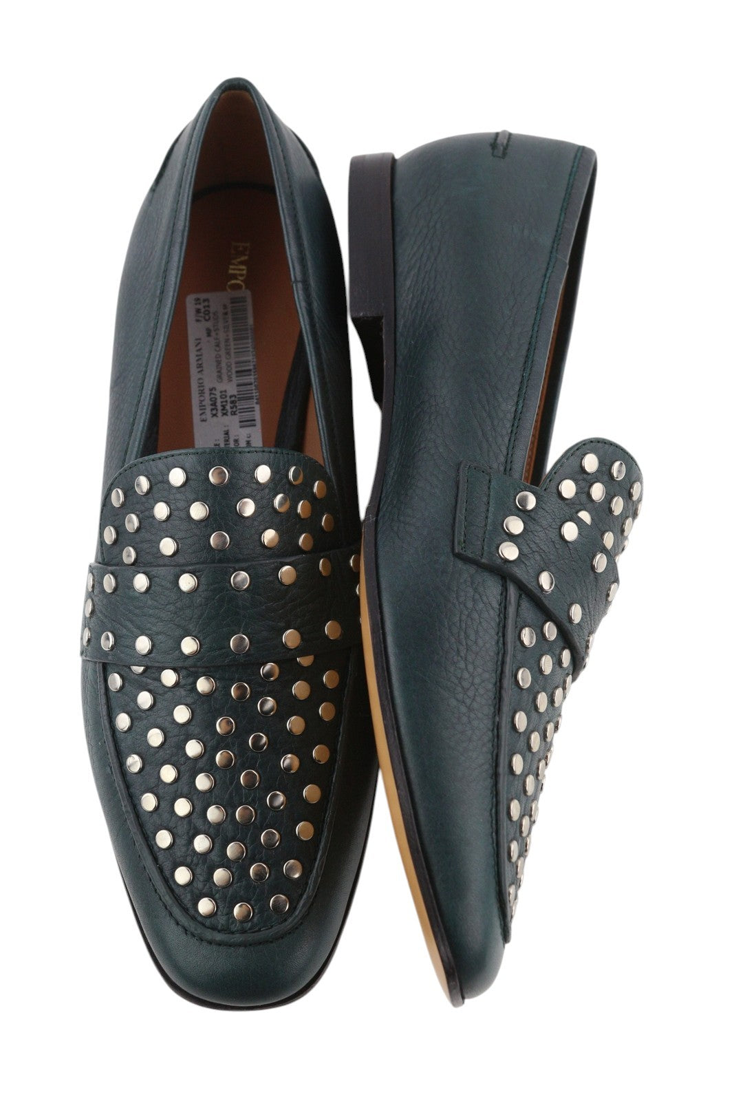 EMPORIO ARMANI X3A075 Women Flats EU37 Green Leather Silver Loafers