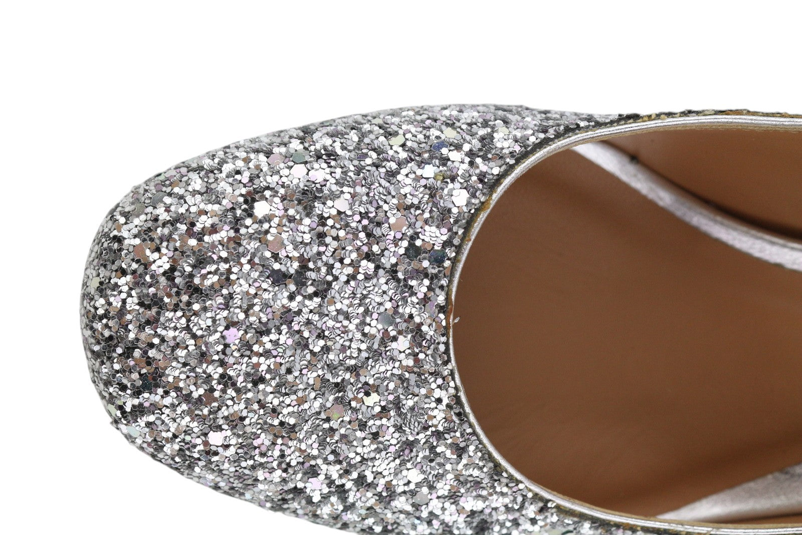 EMPORIO ARMANI Women Heels EU37 Silver Glitter Leather Round Pumps