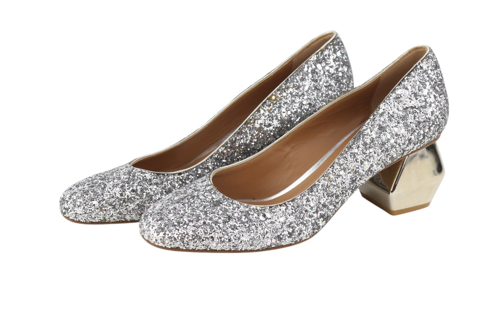 EMPORIO ARMANI Women Heels EU37 Silver Glitter Leather Round Pumps