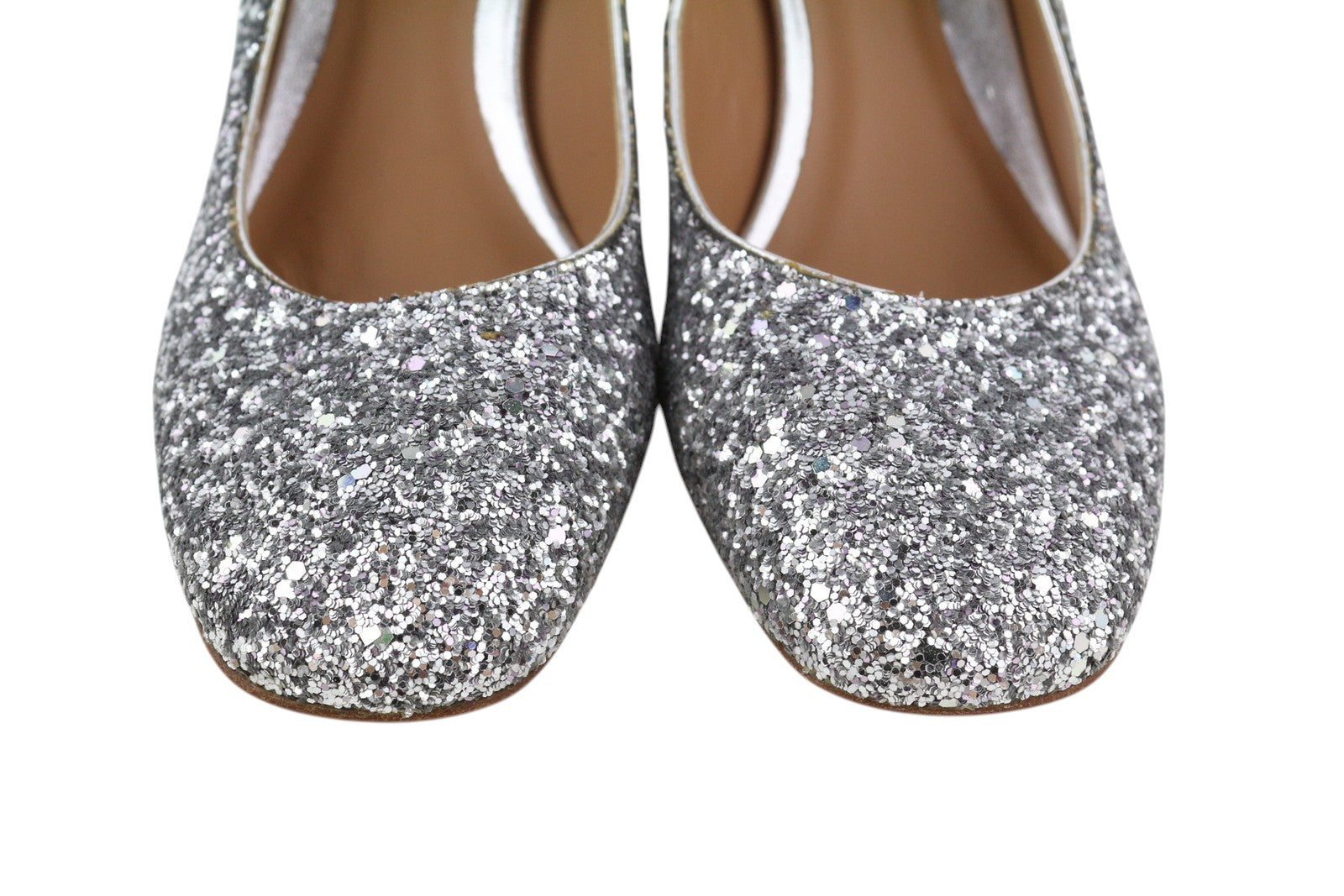 EMPORIO ARMANI Women Heels EU37 Silver Glitter Leather Round Pumps