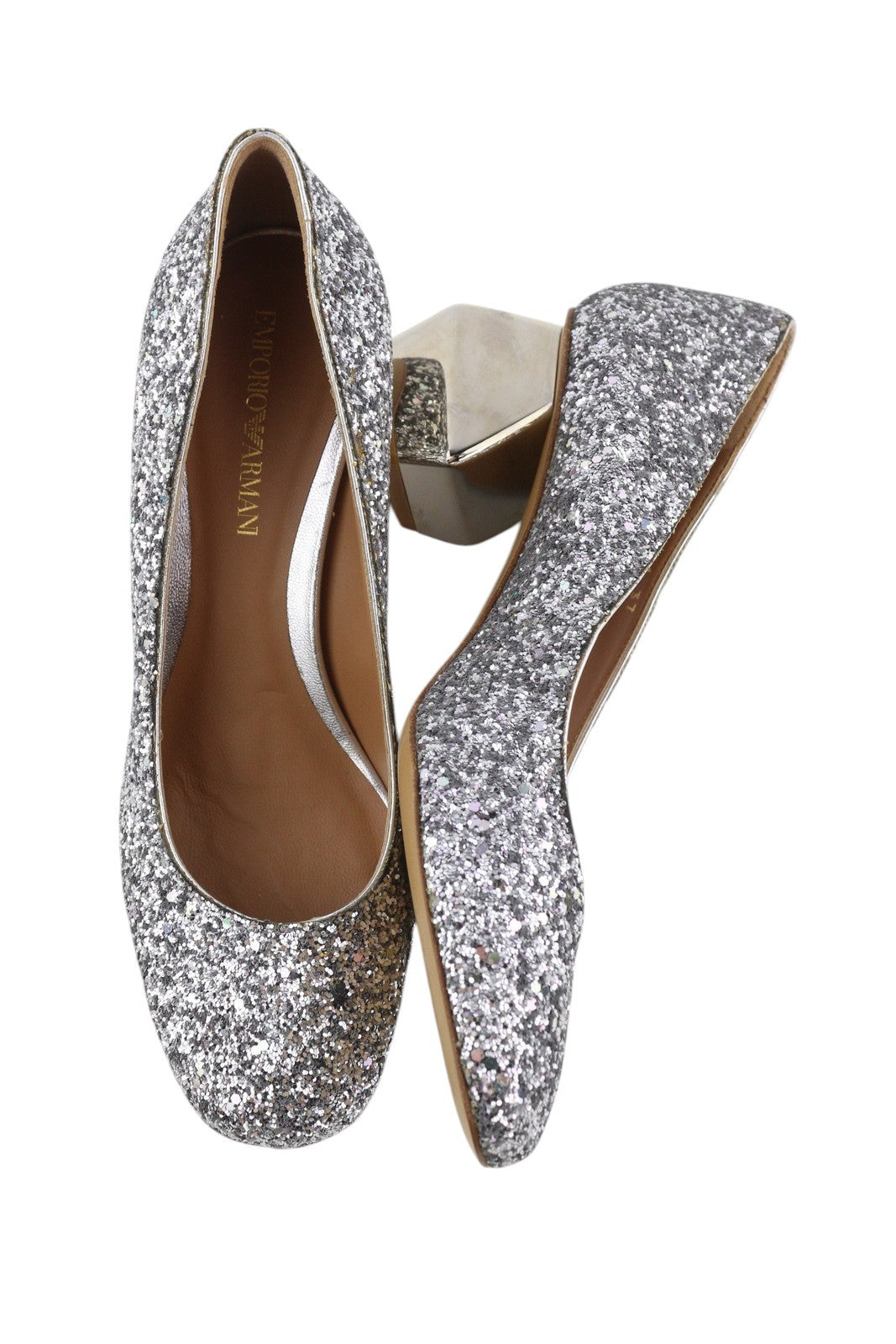 EMPORIO ARMANI Women Heels EU37 Silver Glitter Leather Round Pumps