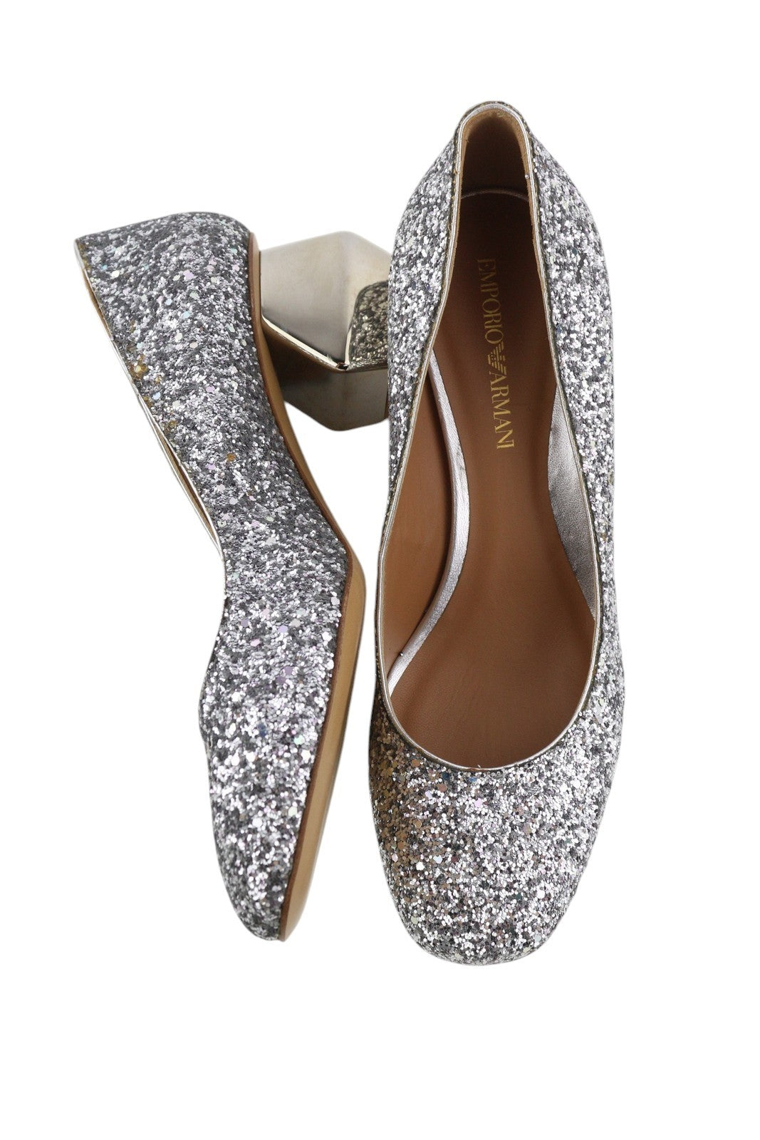 EMPORIO ARMANI Women Heels EU37 Silver Glitter Leather Round Pumps
