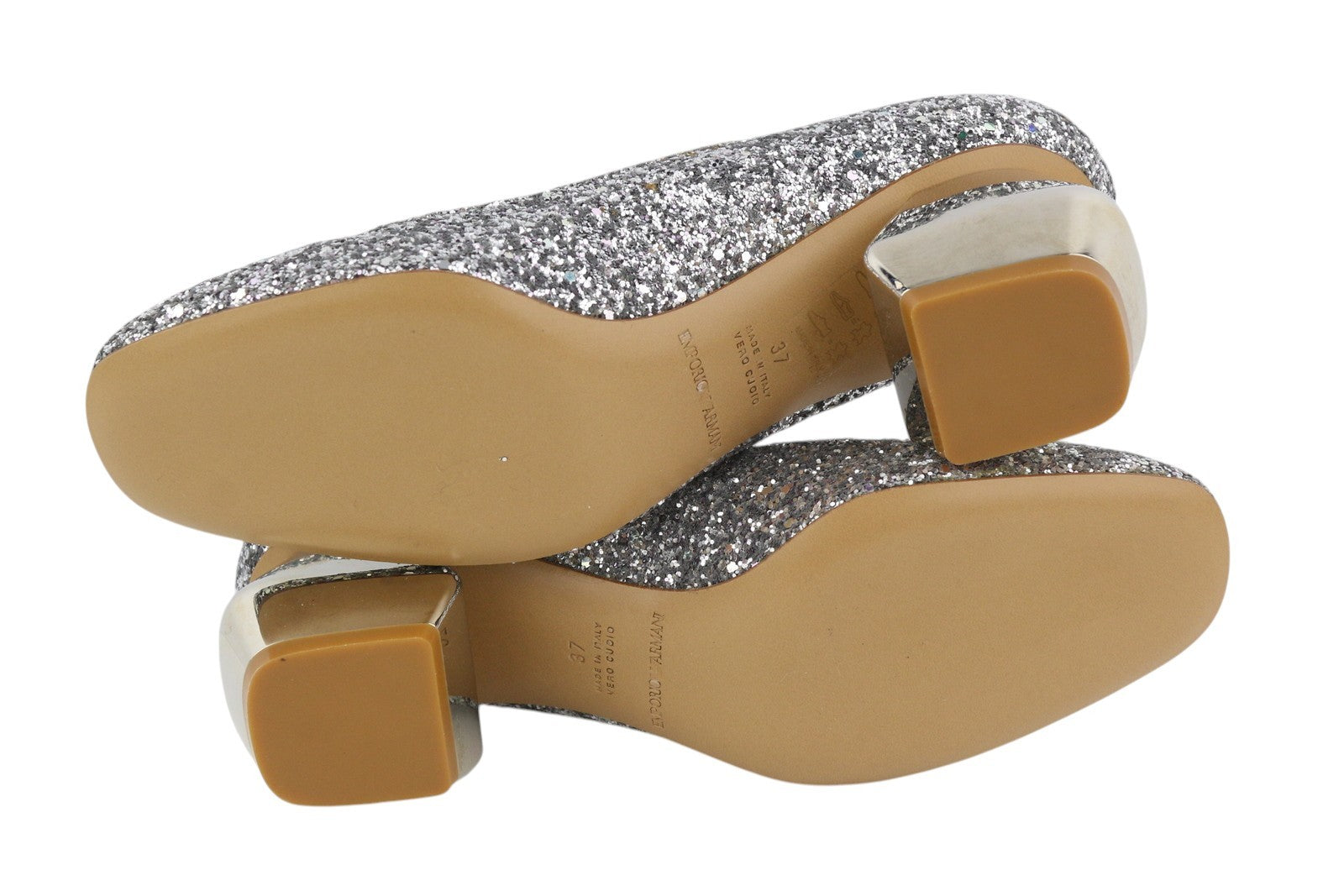EMPORIO ARMANI Women Heels EU37 Silver Glitter Leather Round Pumps
