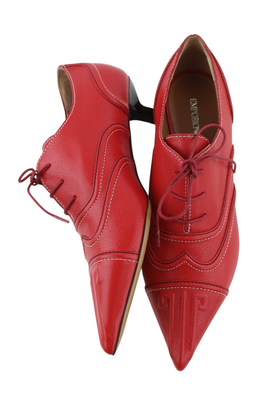 EMPORIO ARMANI Women Heels EU37 Red Leather Pointed Lace Imitation