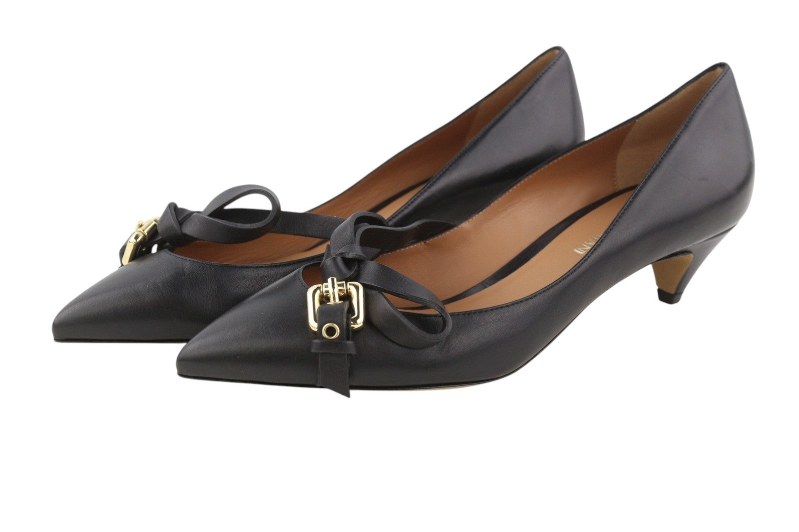 EMPORIO ARMANI Women Heels EU37 Black Leather Gold Buckle Pointed