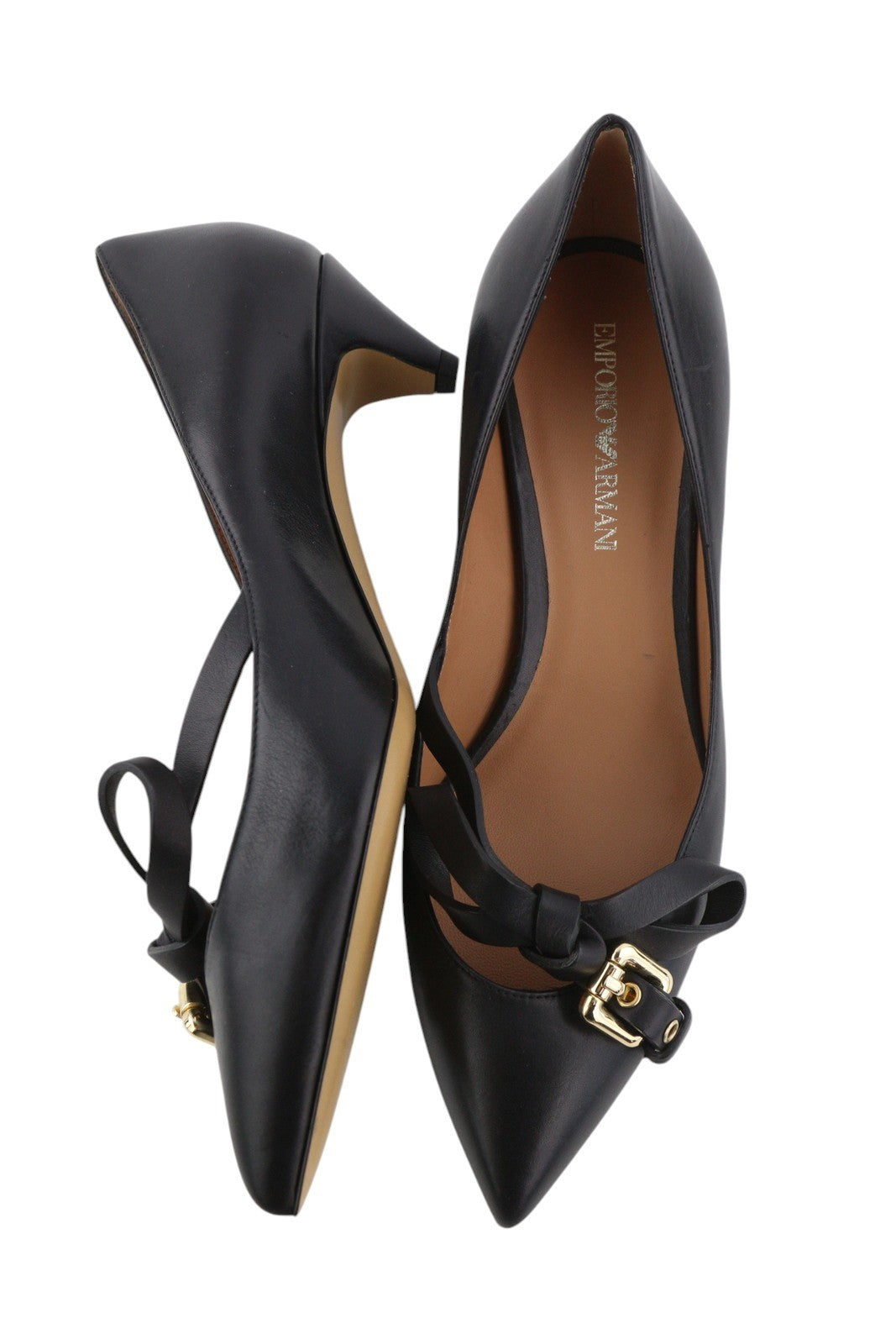 EMPORIO ARMANI Women Heels EU37 Black Leather Gold Buckle Pointed