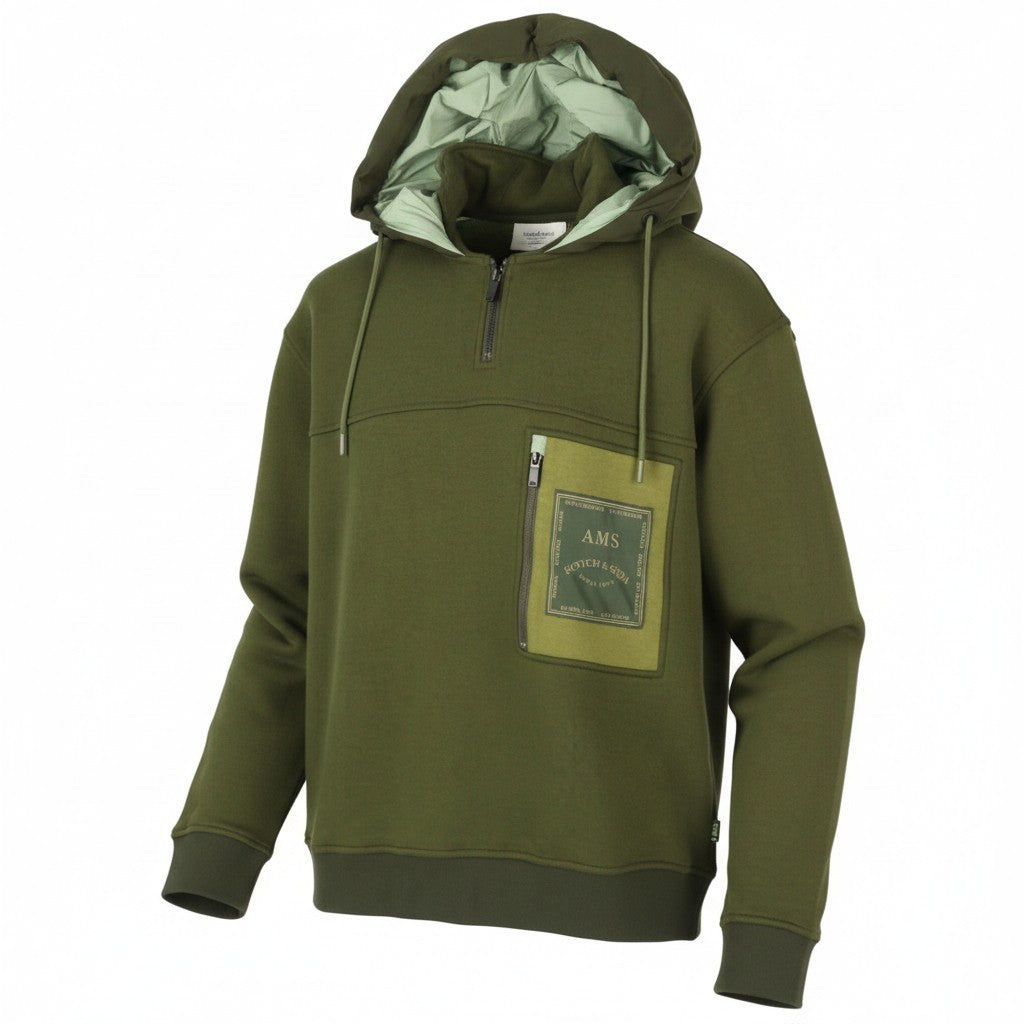 SCOTCH & SODA Men Hoodie M Green Padded Hood Patch Pocket Half Zip Pull On