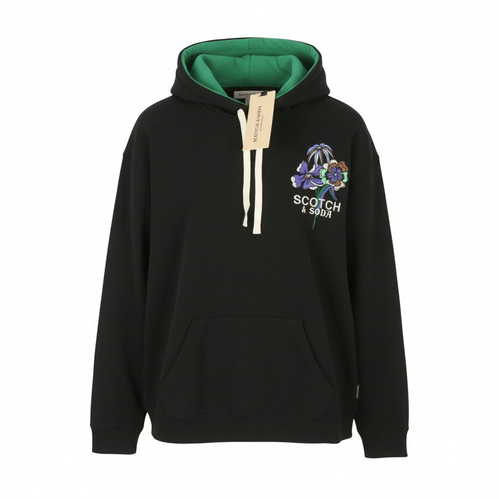 SCOTCH & SODA Men Hoodie M Black Cotton Embroidered Kangaroo Pocket Pull On