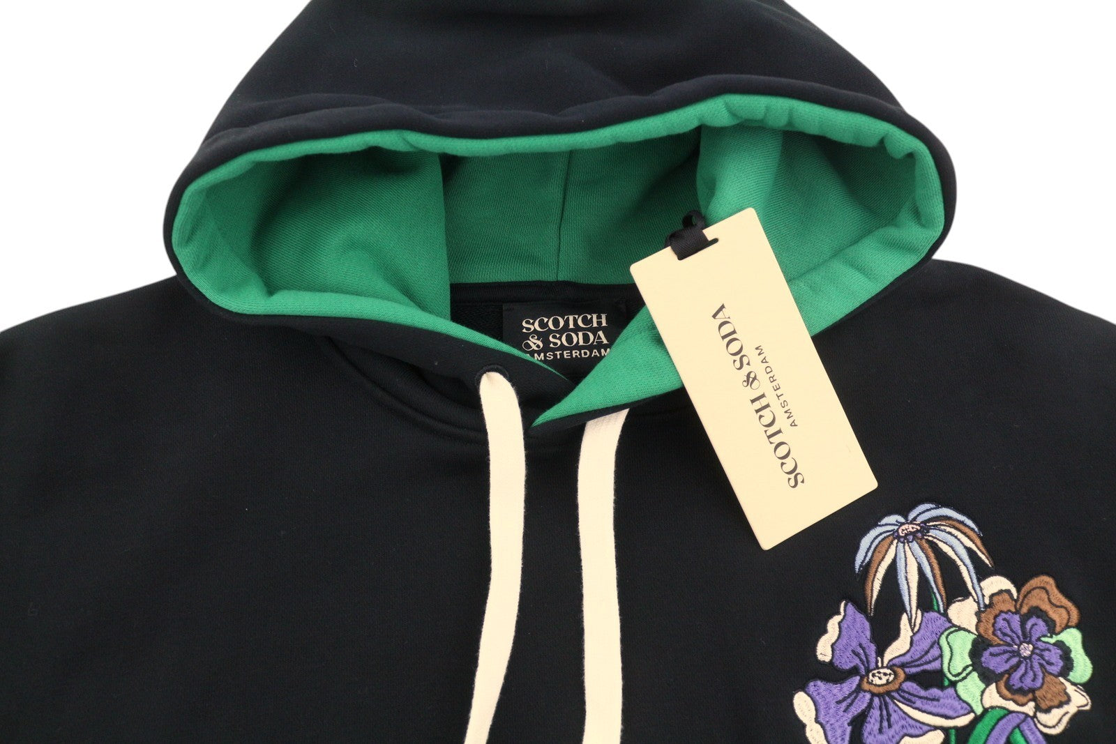 SCOTCH & SODA Men Hoodie M Black Cotton Embroidered Kangaroo Pocket Pull On