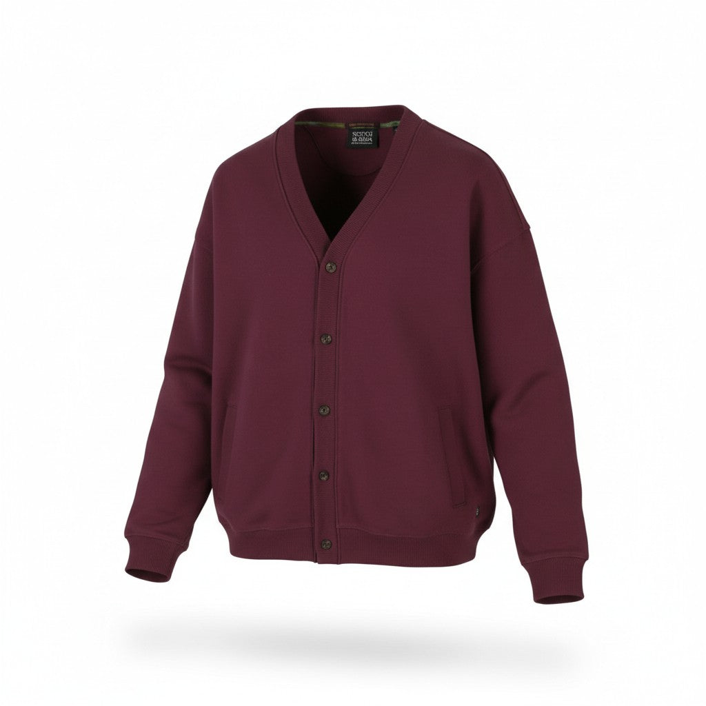 SCOTCH & SODA Men Sweatshirt M Burgundy Pockets Button-Up Oversized Cardigan