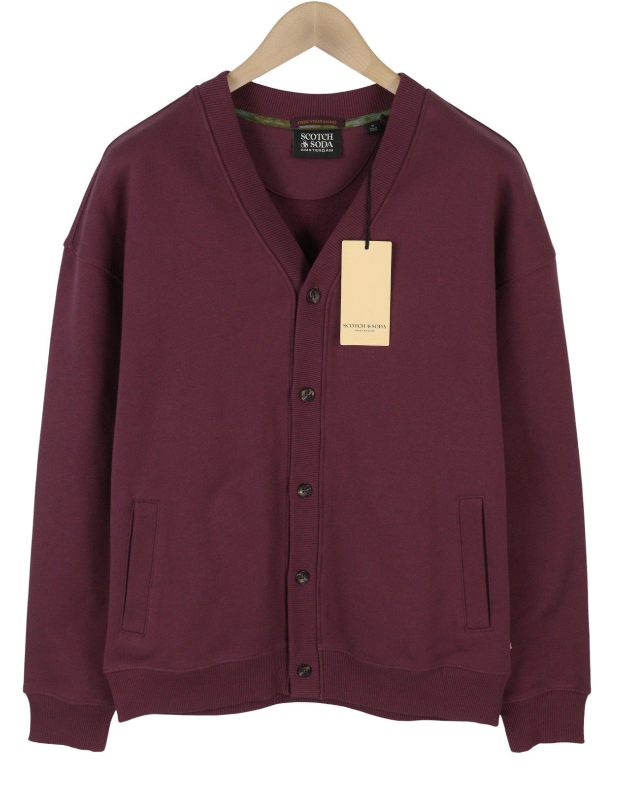 SCOTCH & SODA Men Sweatshirt M Burgundy Pockets Button-Up Oversized Cardigan