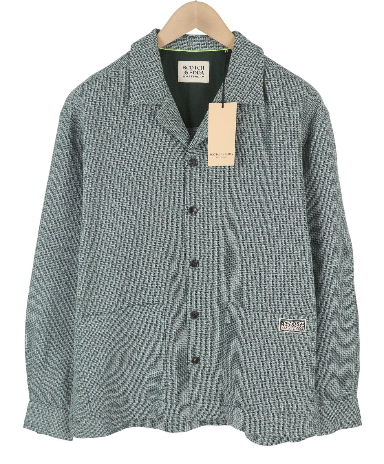 SCOTCH & SODA Men Jacket L Green Patterned Button-Up Notch Lapel Overshirt