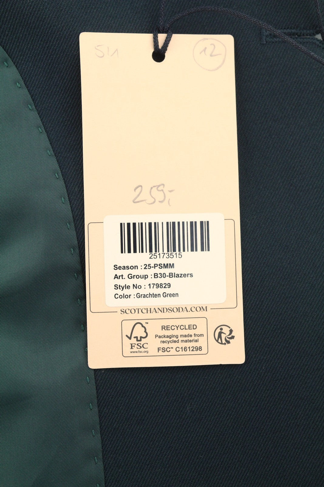 SCOTCH & SODA Men Blazer M Grachten Green Wool Blend Peak Lapel Single-Breasted