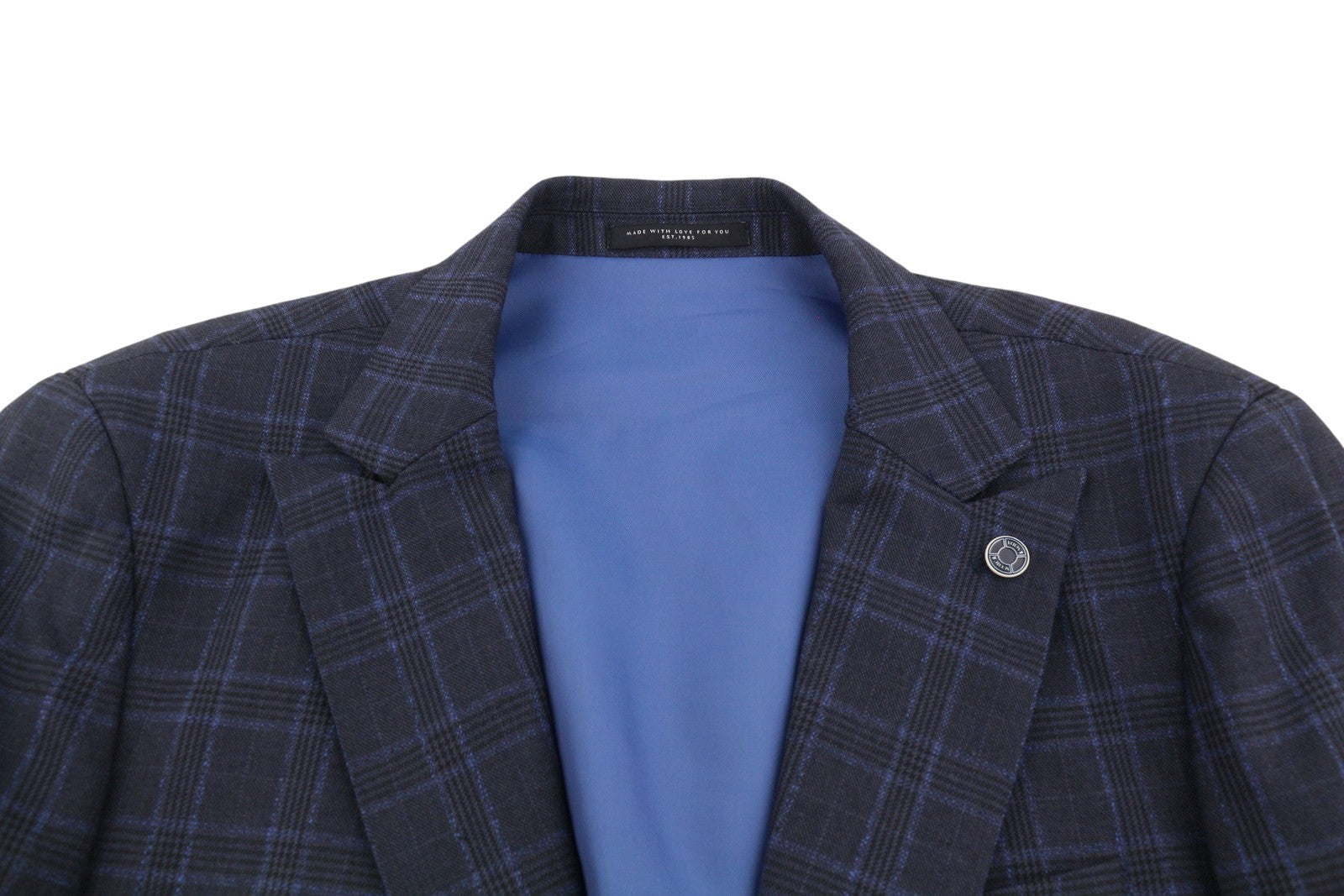 SCOTCH & SODA Men Blazer M Navy Blue Check Wool Blend Peak Lapel Single-Breasted